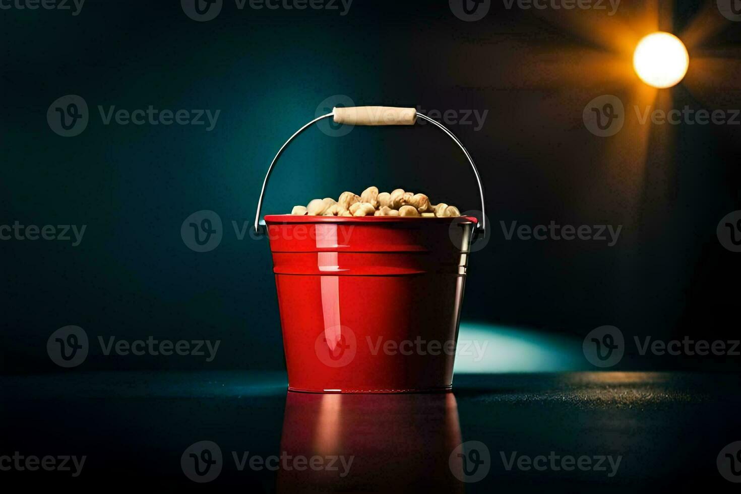 a red bucket filled with peanuts on a dark table. AI-Generated photo