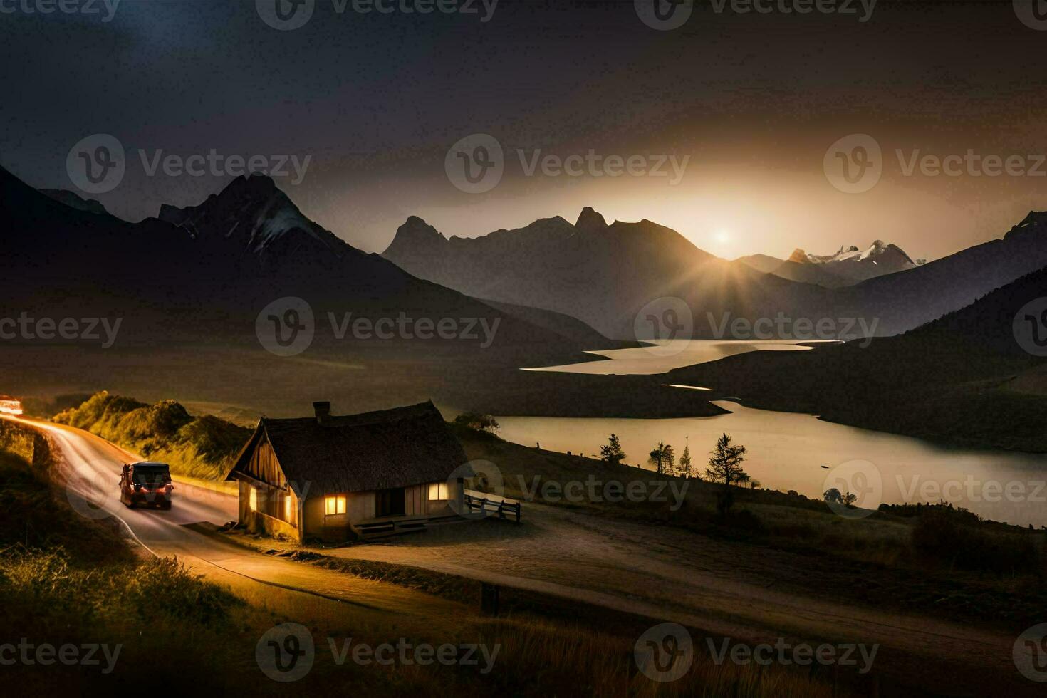 a house sits on the side of a mountain with a lake in the background. AI-Generated photo