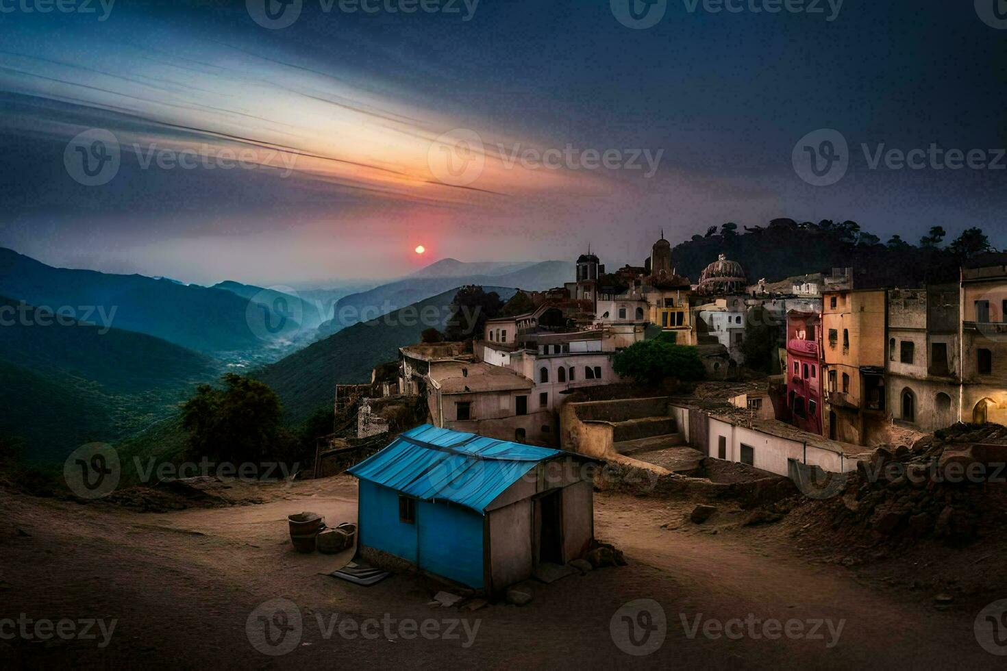 un pueblo en el montañas a puesta de sol. generado por ai foto