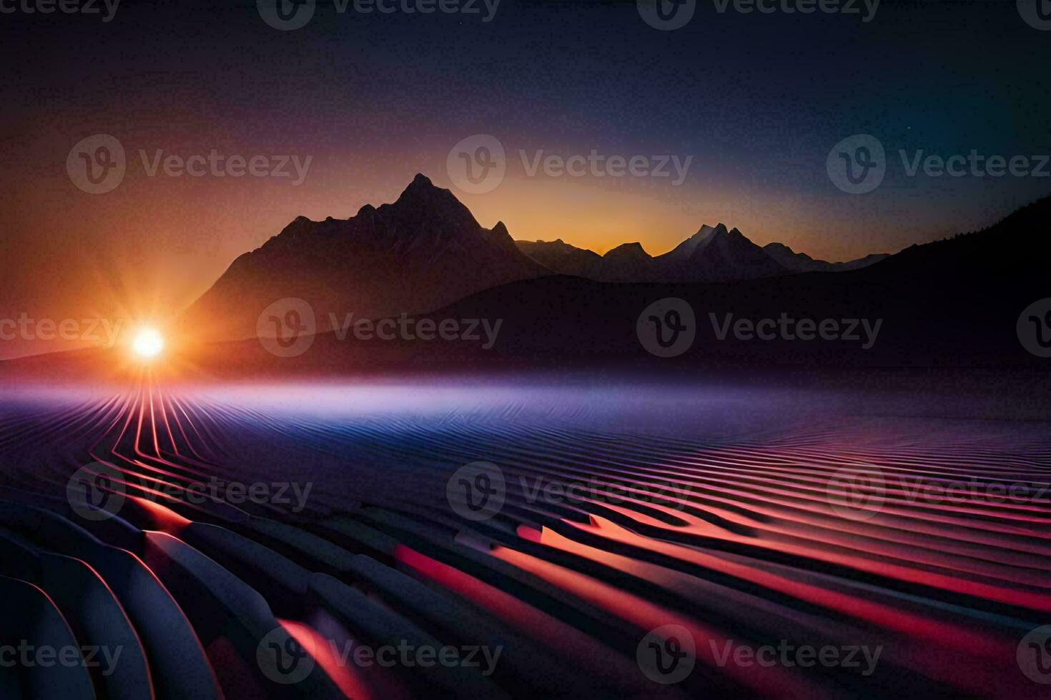 the sun is setting over a mountain range. AI-Generated photo