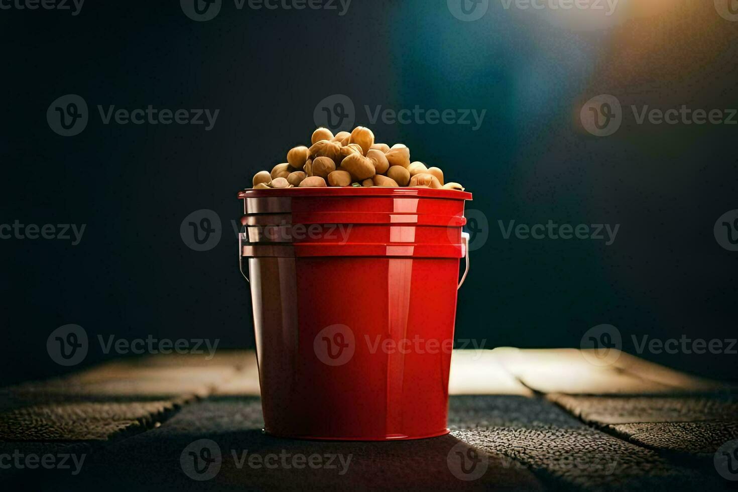 a red bucket filled with peanuts on a wooden table. AI-Generated photo