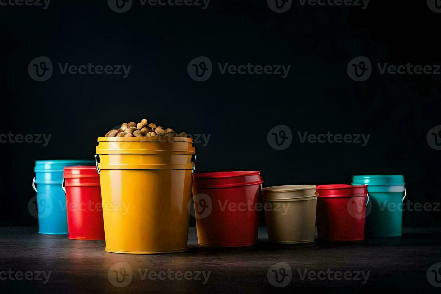 colorful buckets with nuts on a dark background. AI-Generated photo