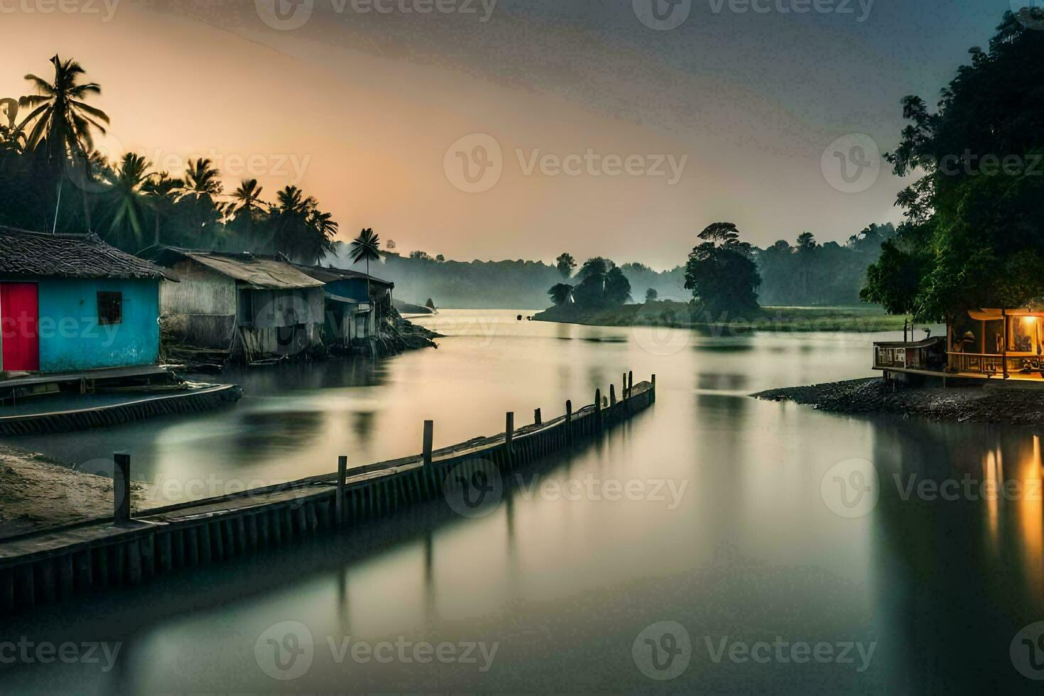 a river with houses on the shore at sunset. AI-Generated photo