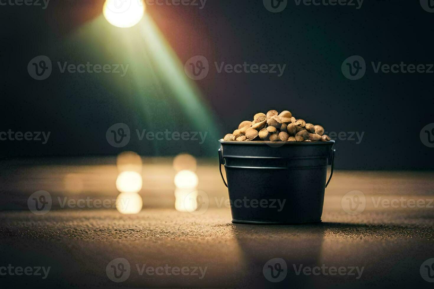 a bucket filled with peanuts on a table. AI-Generated photo