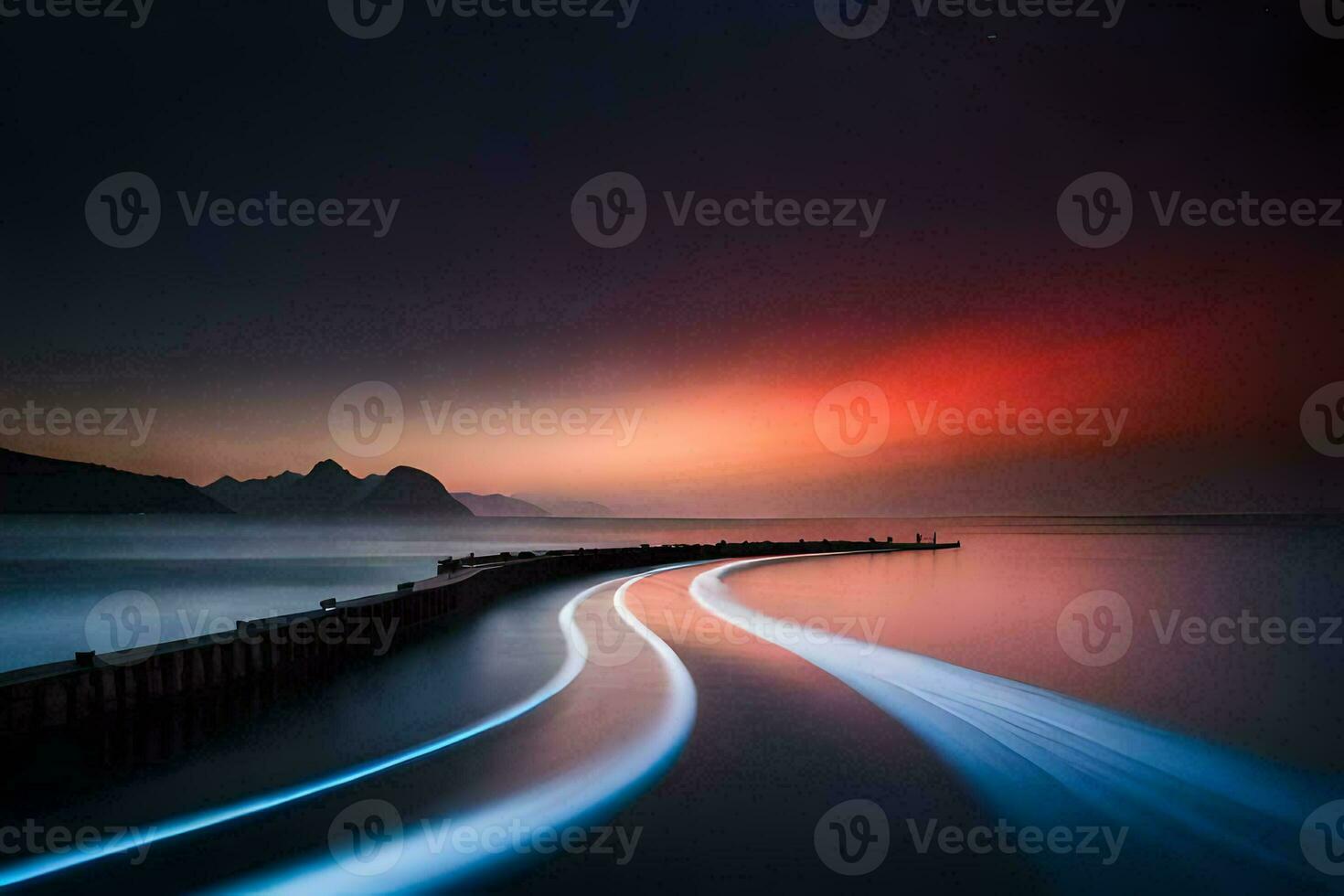 a long exposure photograph of a pier at sunset. AI-Generated photo