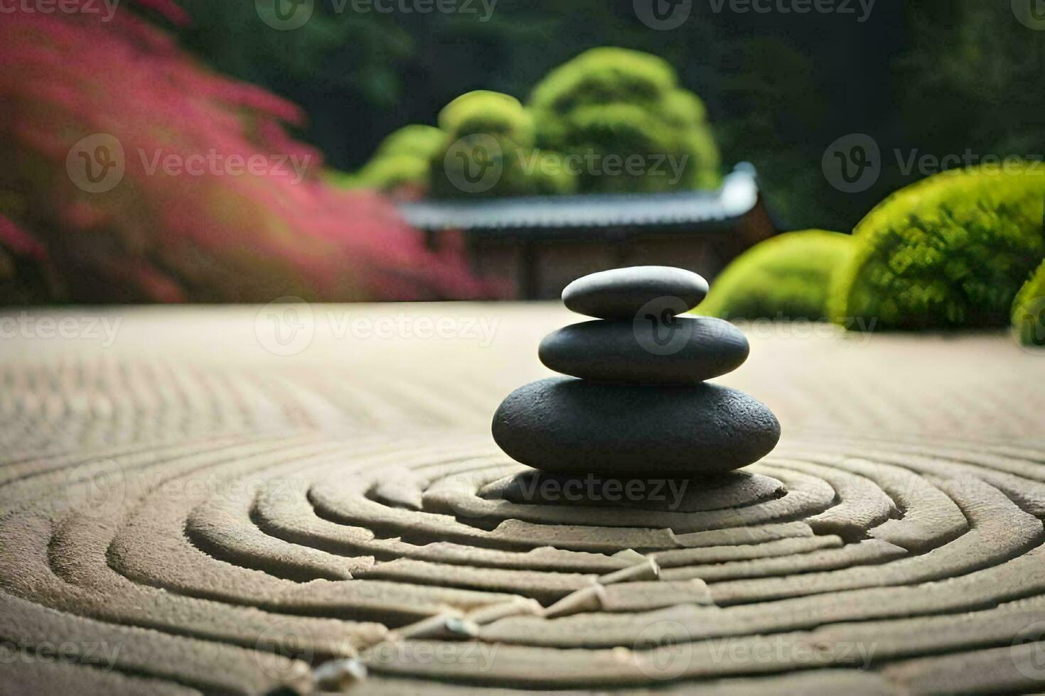 a stone labyrinth in the middle of a garden. AI-Generated photo