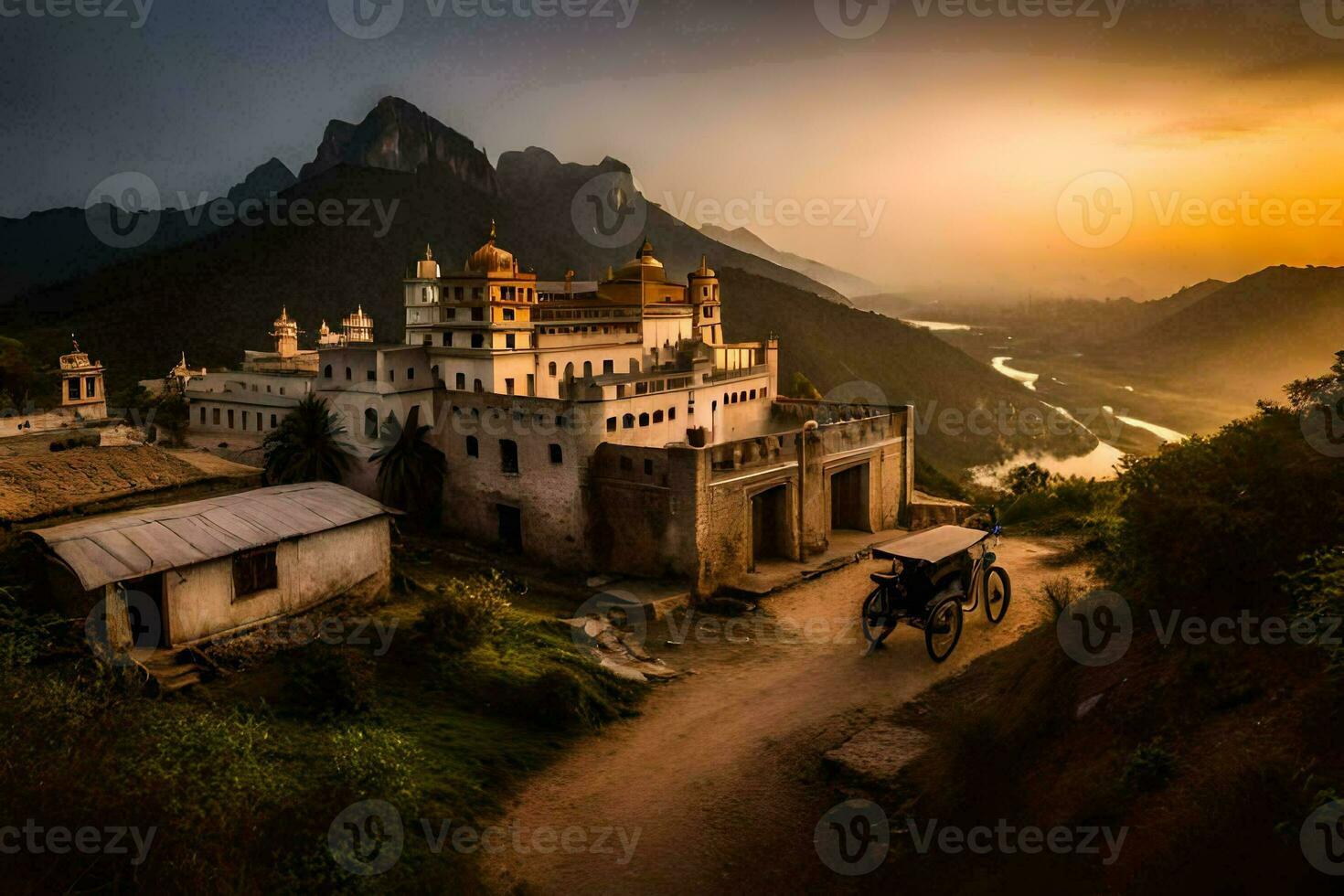 a castle in the mountains at sunset. AI-Generated photo