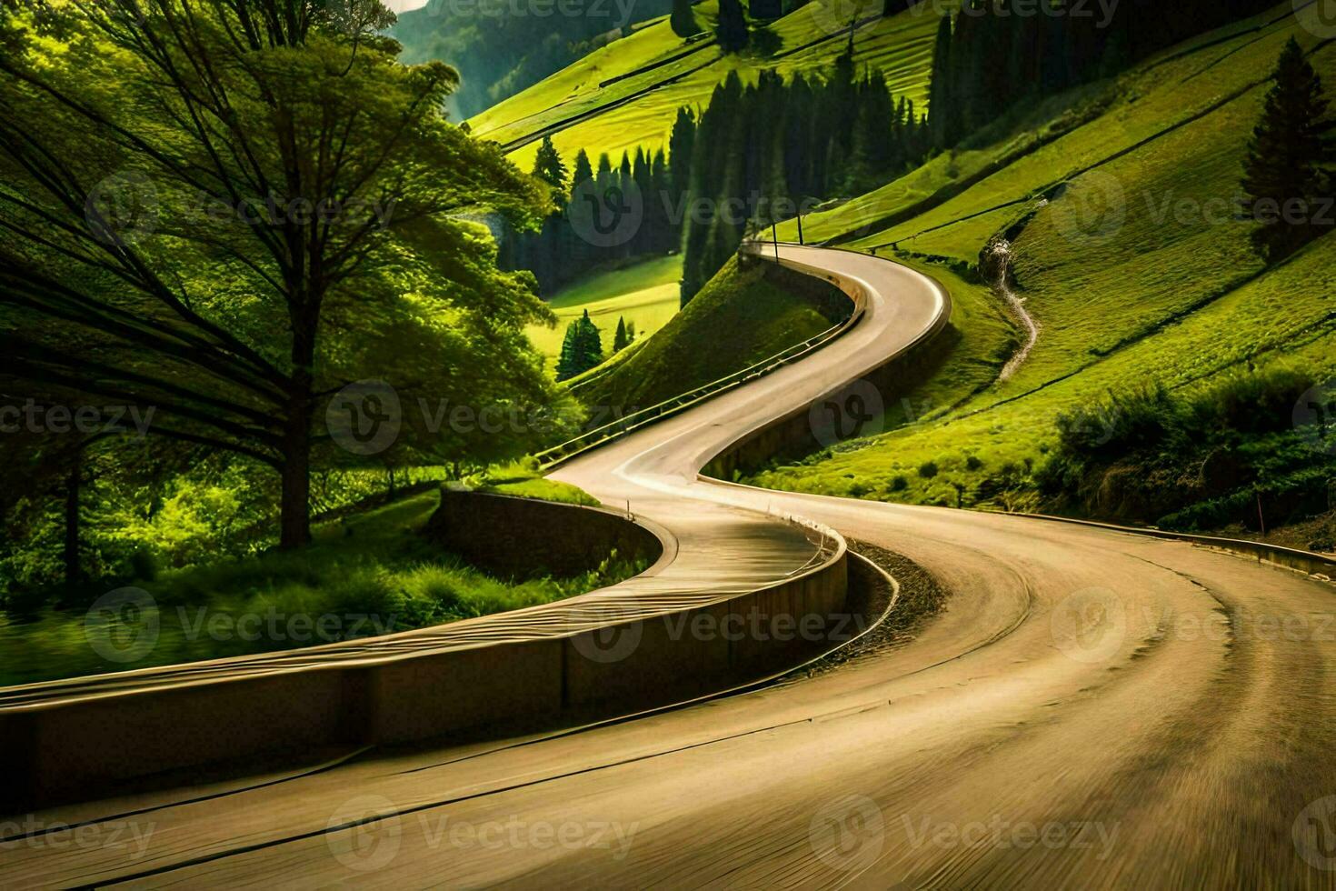 un devanado la carretera en el montañas. generado por ai foto