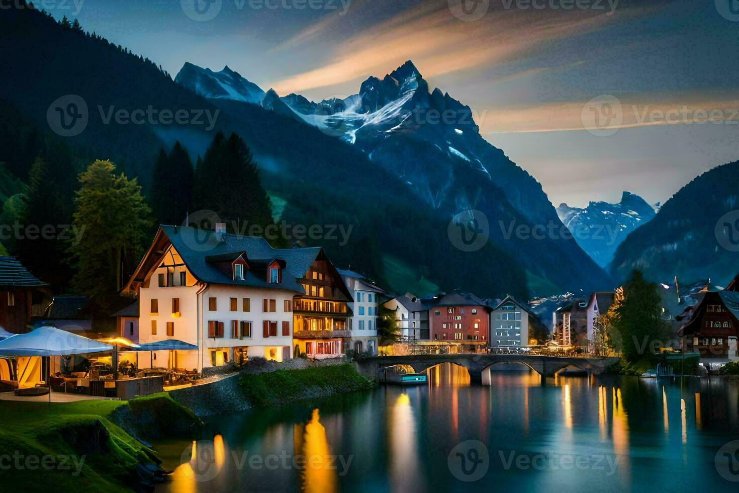 photo wallpaper mountains, the sky, night, the lake, the mountains, the town, the. AI-Generated