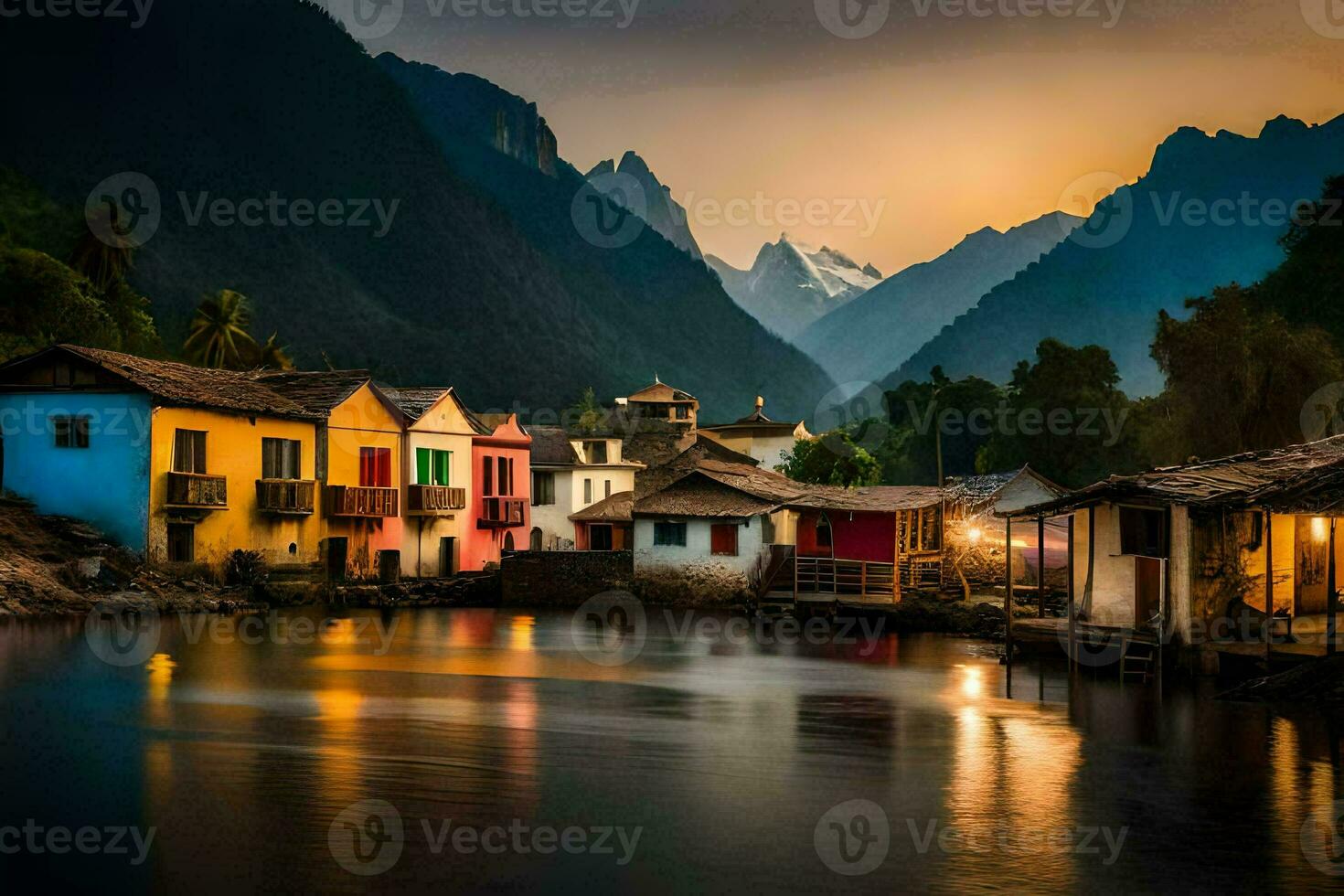 vistoso casas en el montañas a oscuridad. generado por ai foto