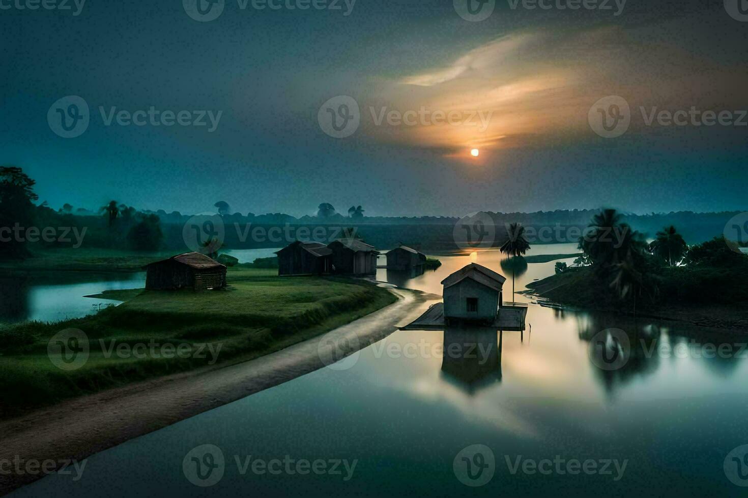photo wallpaper the sky, water, the sun, the river, the village, the house,. AI-Generated