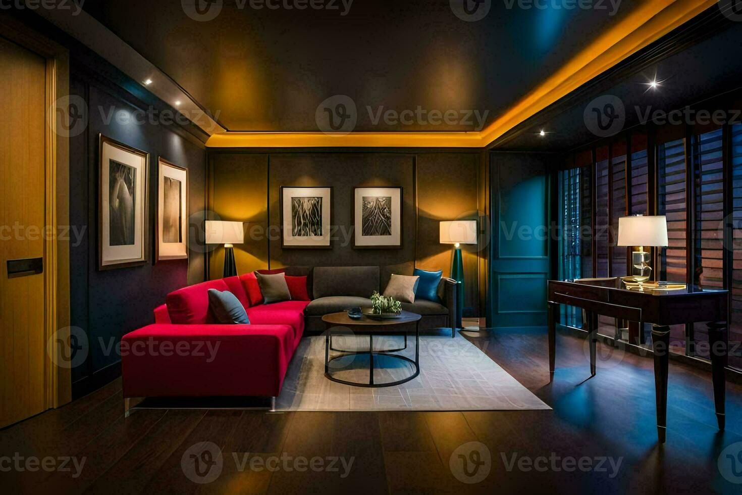 a living room with a red couch and a black wall. AI-Generated photo