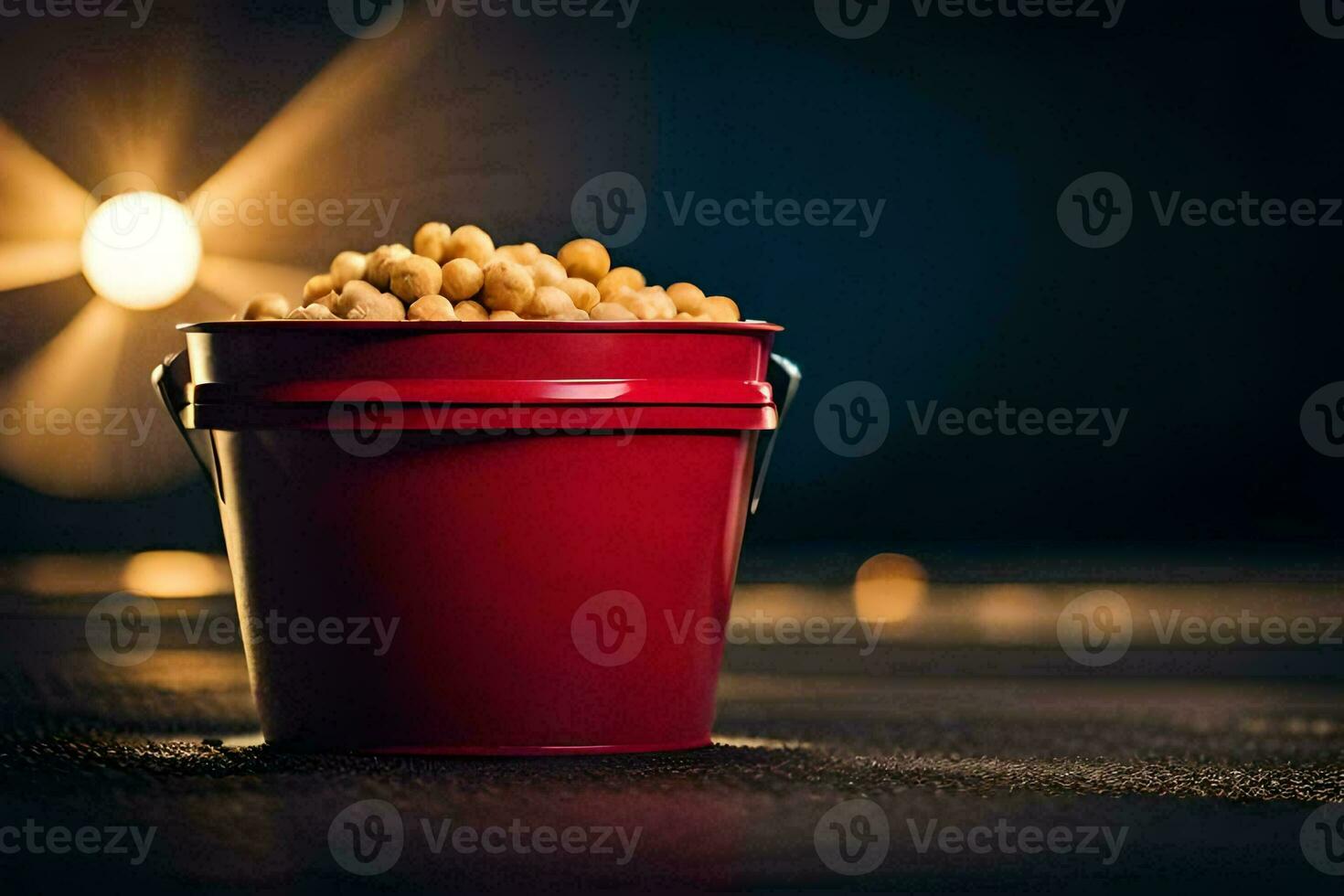 a red bucket filled with peanuts on a dark table. AI-Generated photo