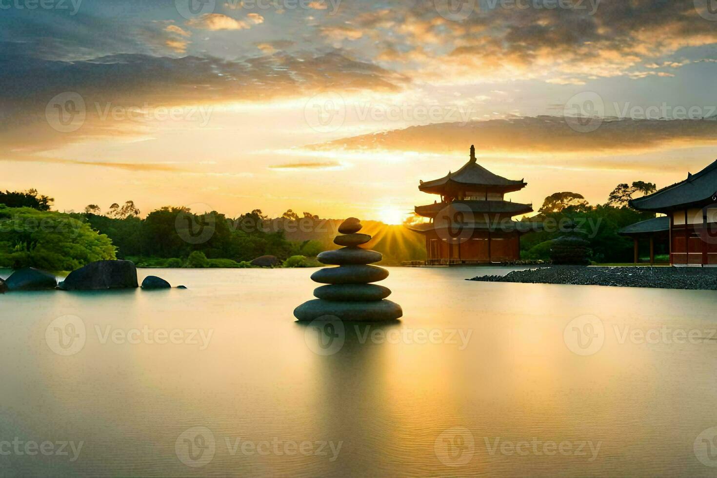 the sun sets over a pagoda in the water. AI-Generated photo