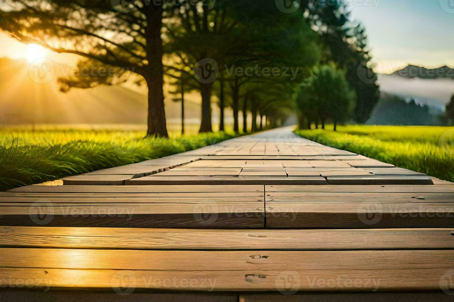 a wooden walkway leads to a grassy field at sunset. AI-Generated photo