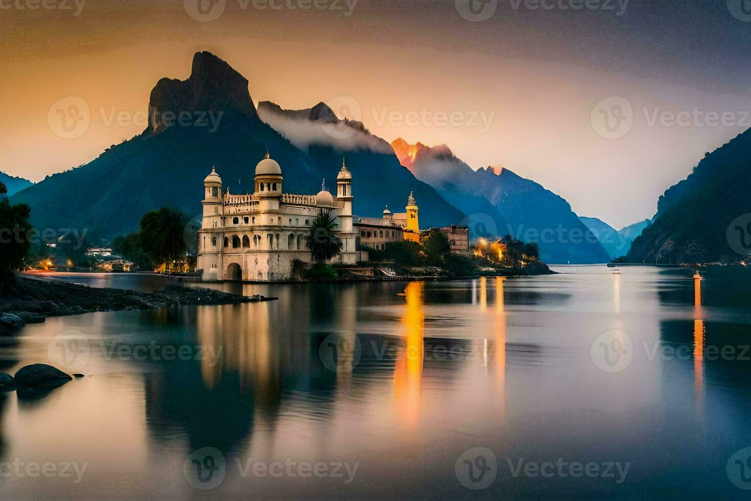 a beautiful church sits on the shore of a lake. AI-Generated photo