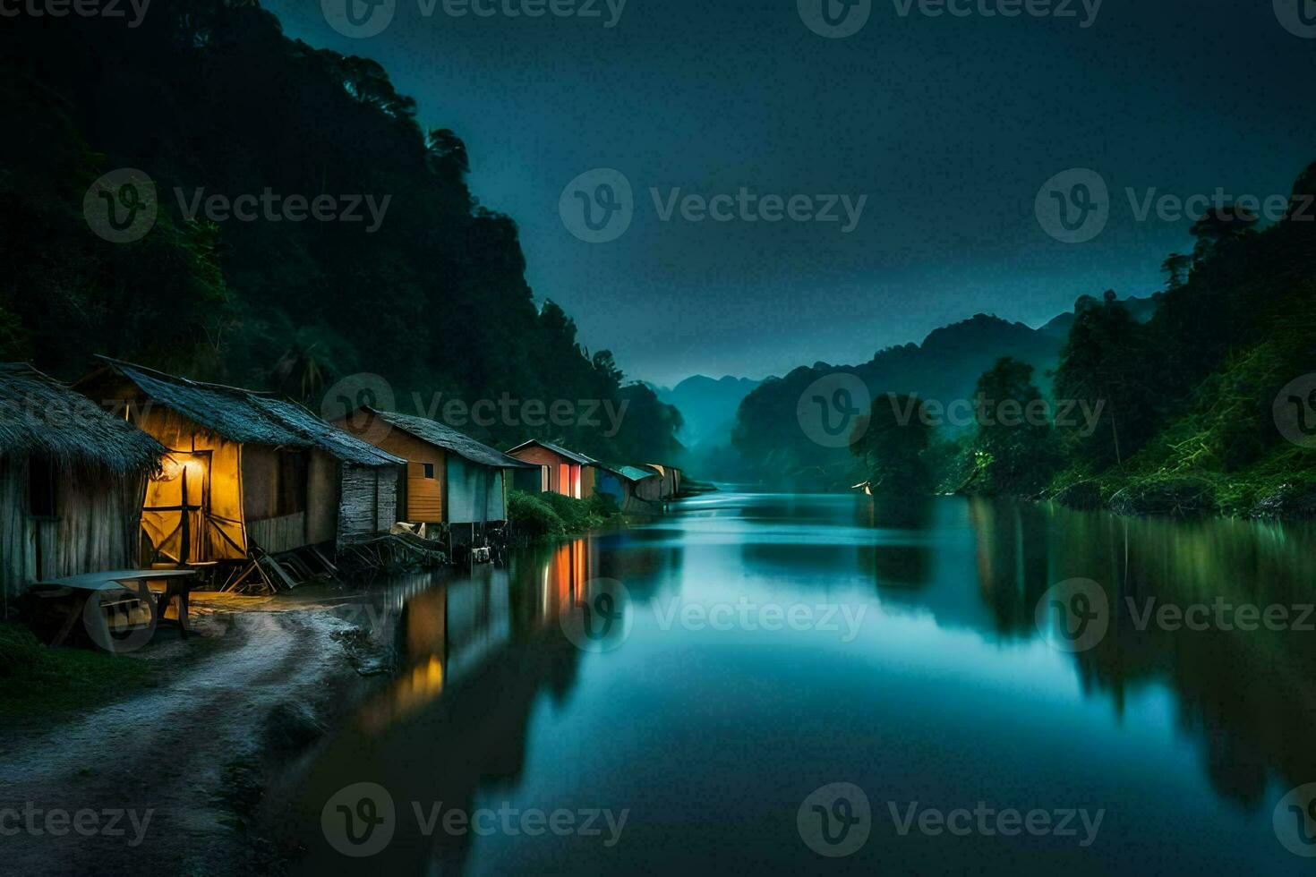 photo wallpaper the sky, water, river, house, night, the night, the sky,. AI-Generated