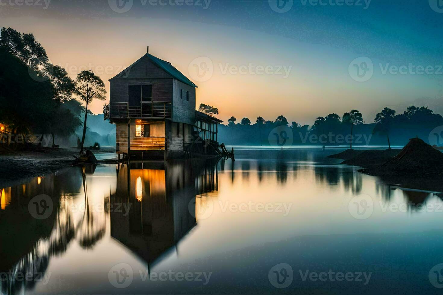 a house sits on the edge of a lake at sunrise. AI-Generated photo