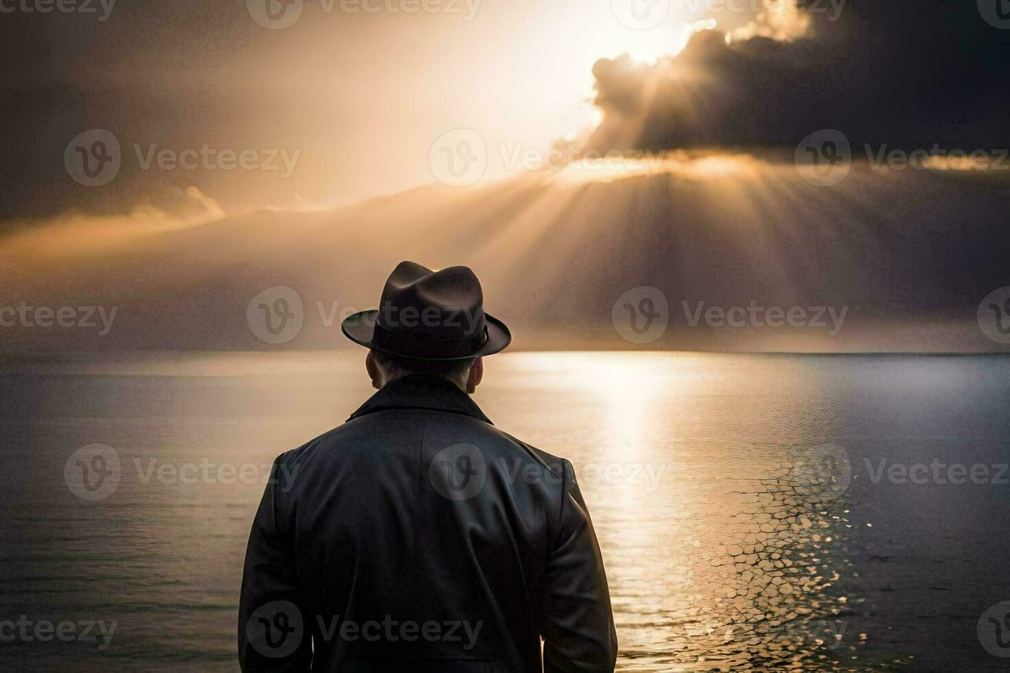 un hombre en un sombrero y Saco mirando fuera terminado el océano. generado por ai foto