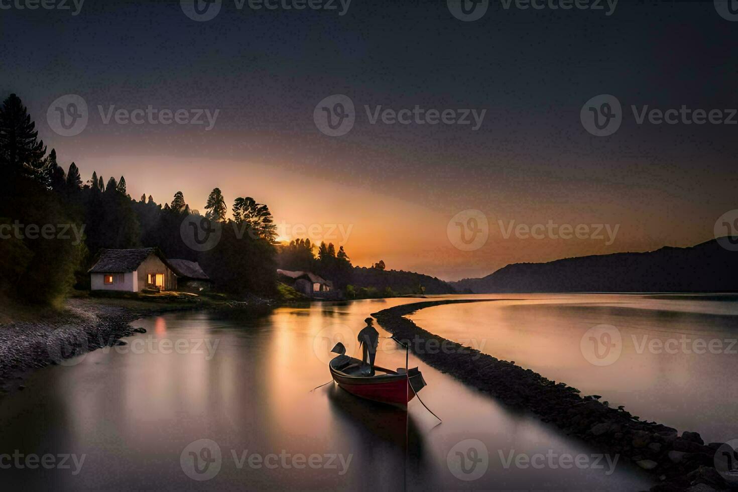 a boat is sitting on the shore at sunset. AI-Generated photo
