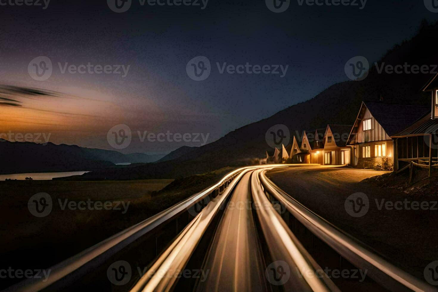 a long exposure photograph of a road at night. AI-Generated photo