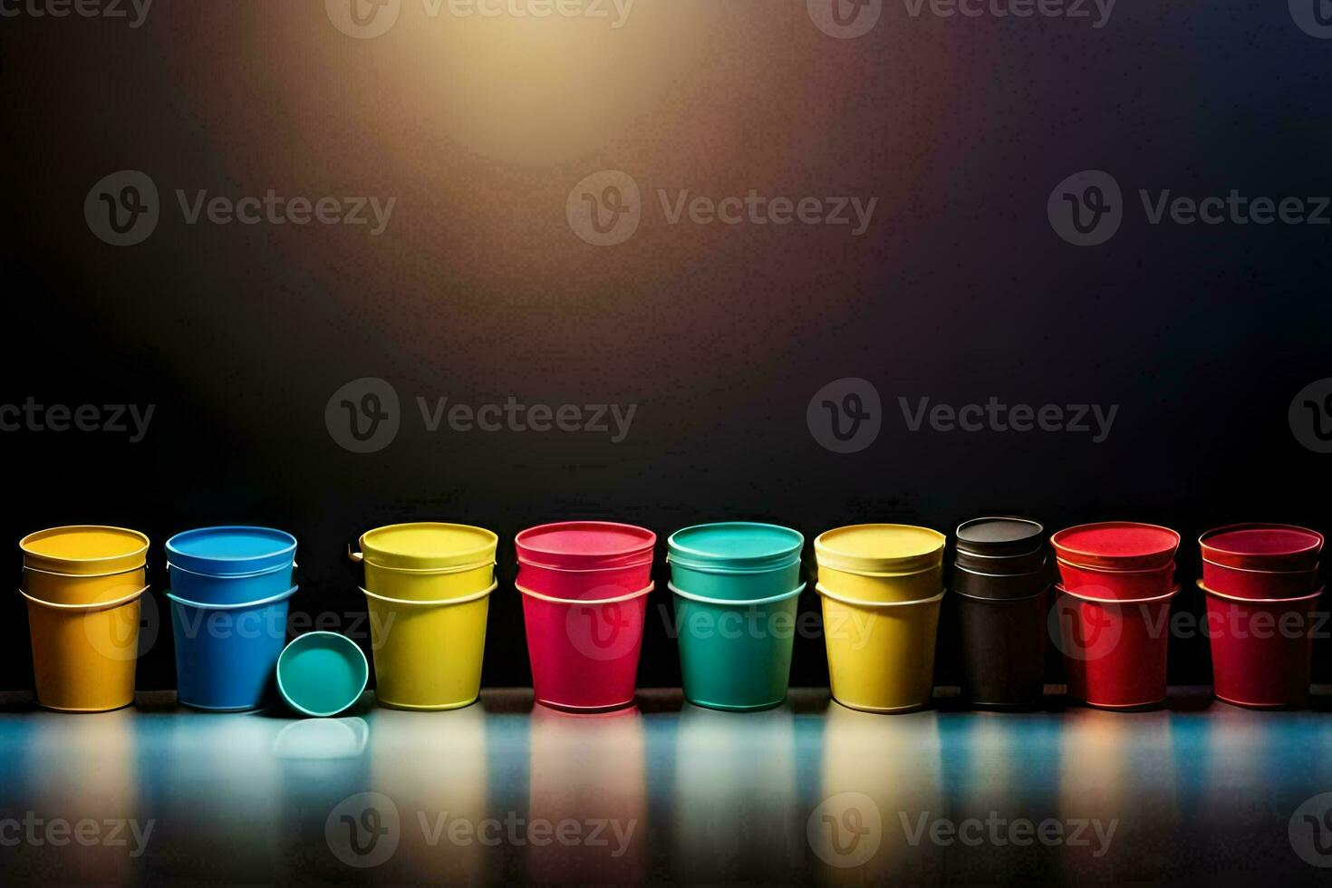 un fila de vistoso el plastico tazas en un oscuro antecedentes. generado por ai foto
