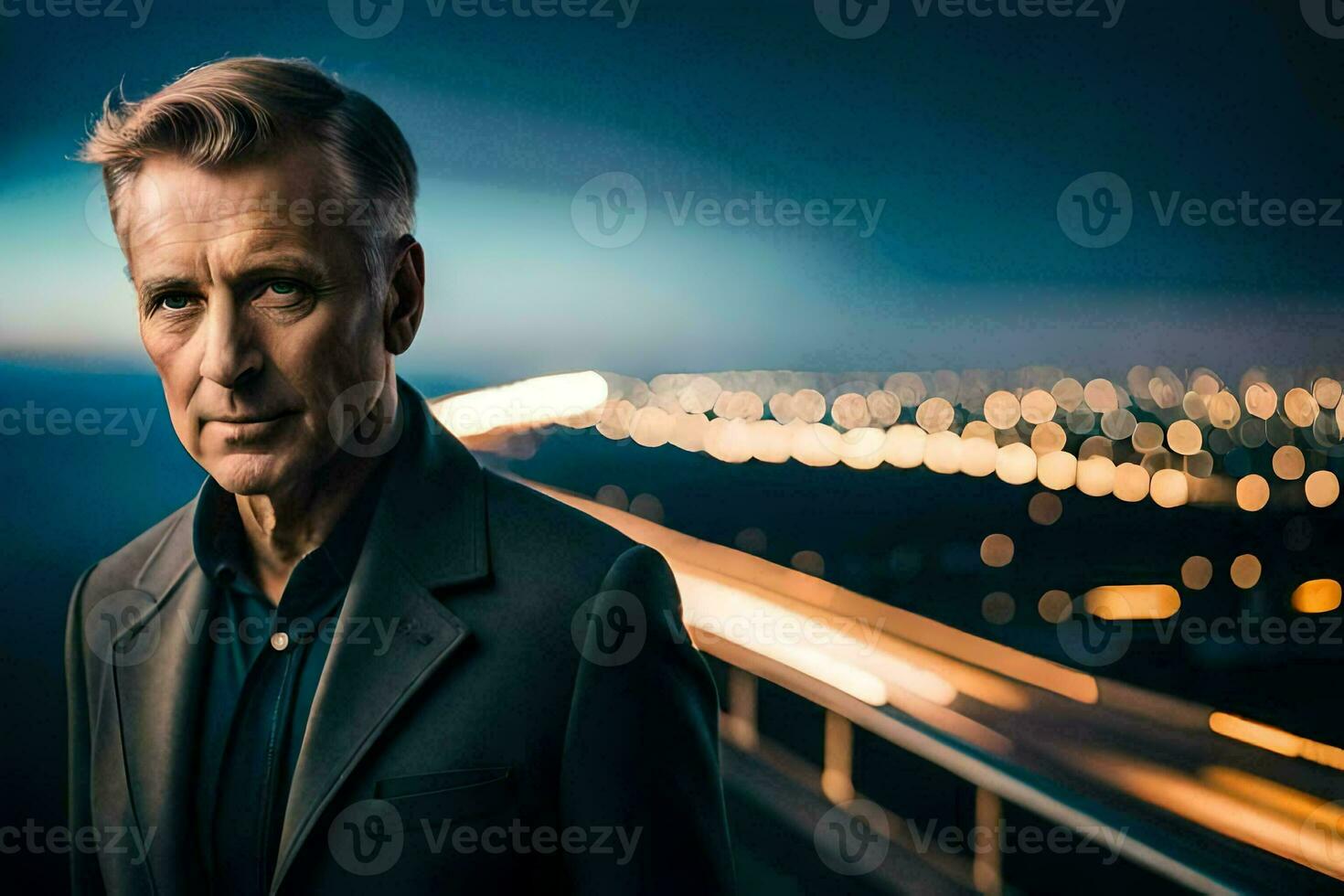 a man in a suit stands on a bridge at night. AI-Generated photo