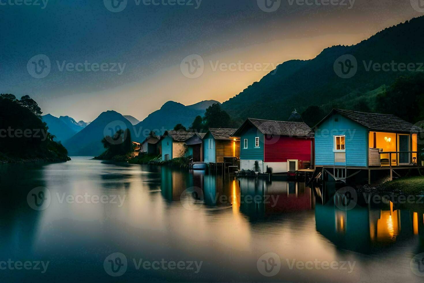 houses on the water at dusk in the mountains. AI-Generated photo