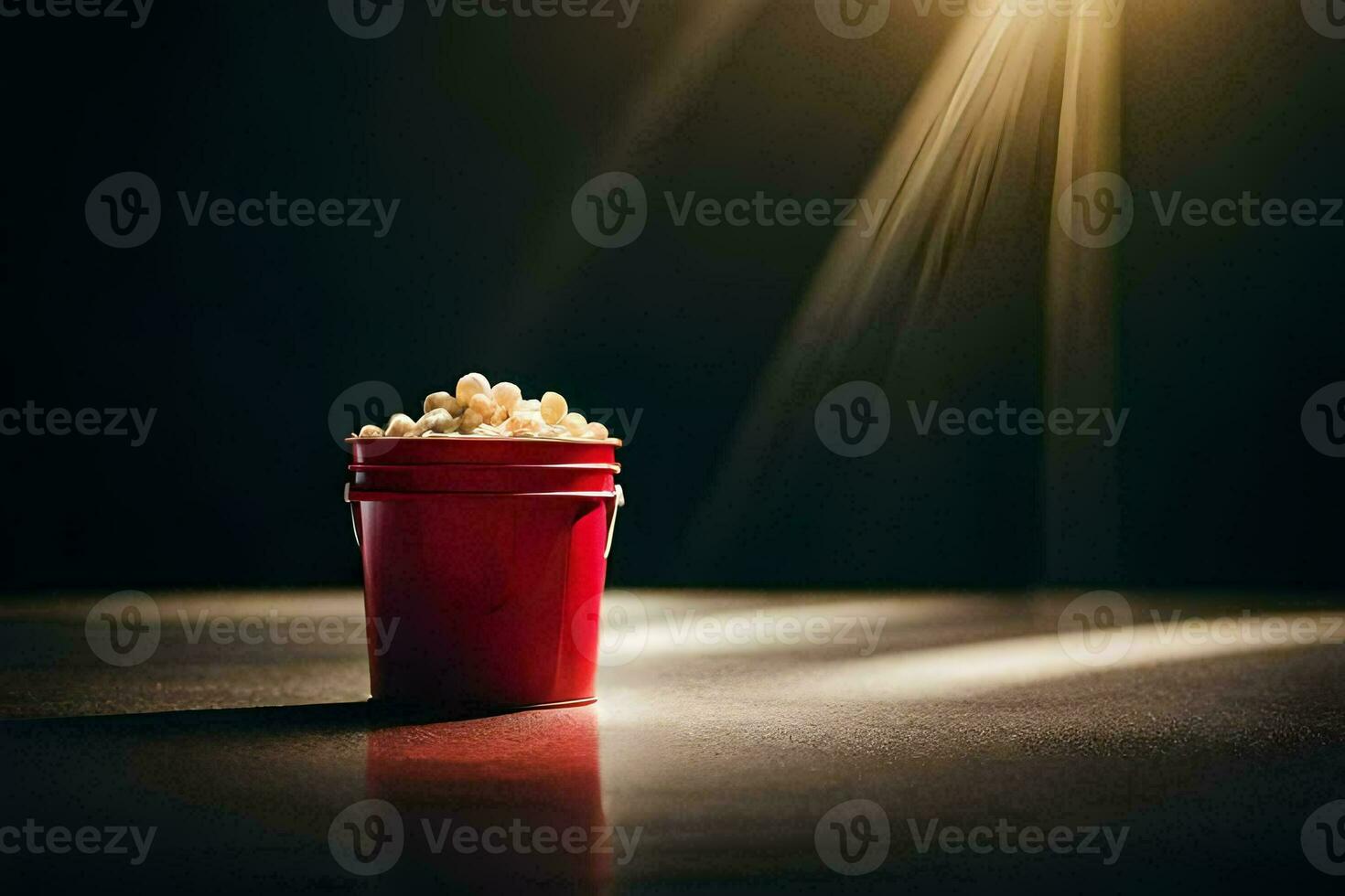 a red bucket with popcorn on a dark table. AI-Generated photo