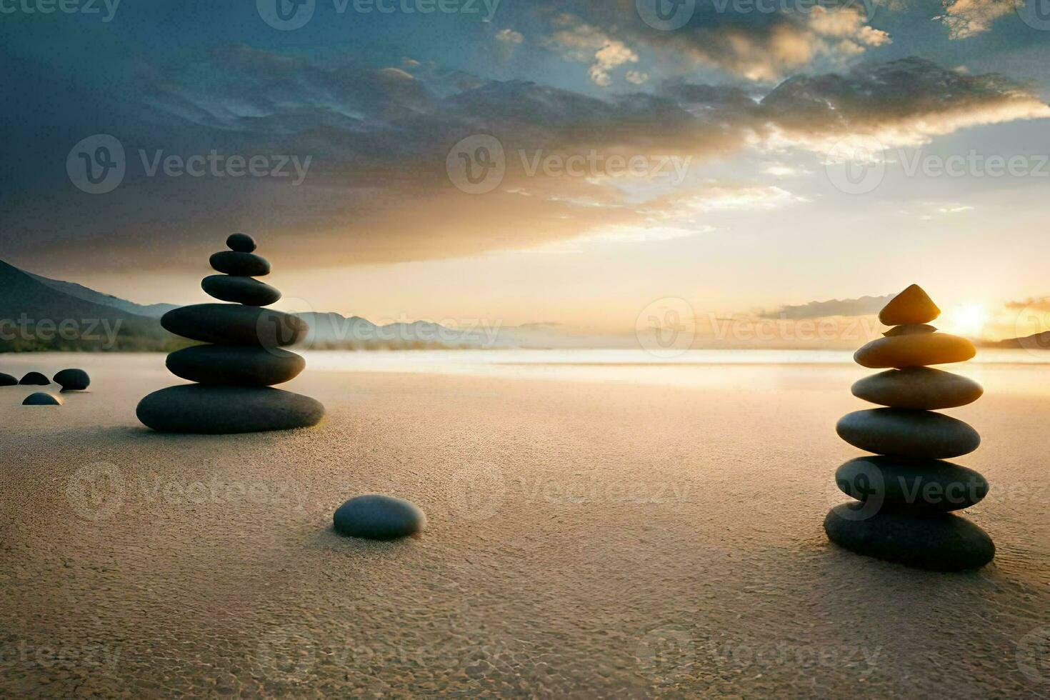 zen rocks on the beach at sunset. AI-Generated photo