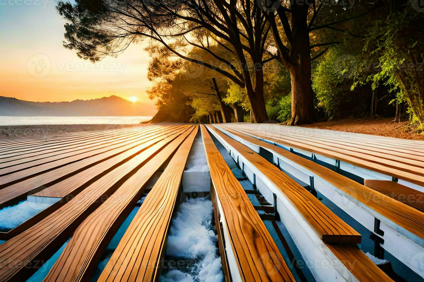 a row of wooden benches on the beach at sunset. AI-Generated photo