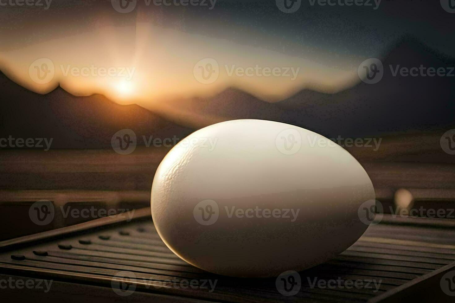 egg on a grill, sunset, mountains, hd wallpaper. AI-Generated photo