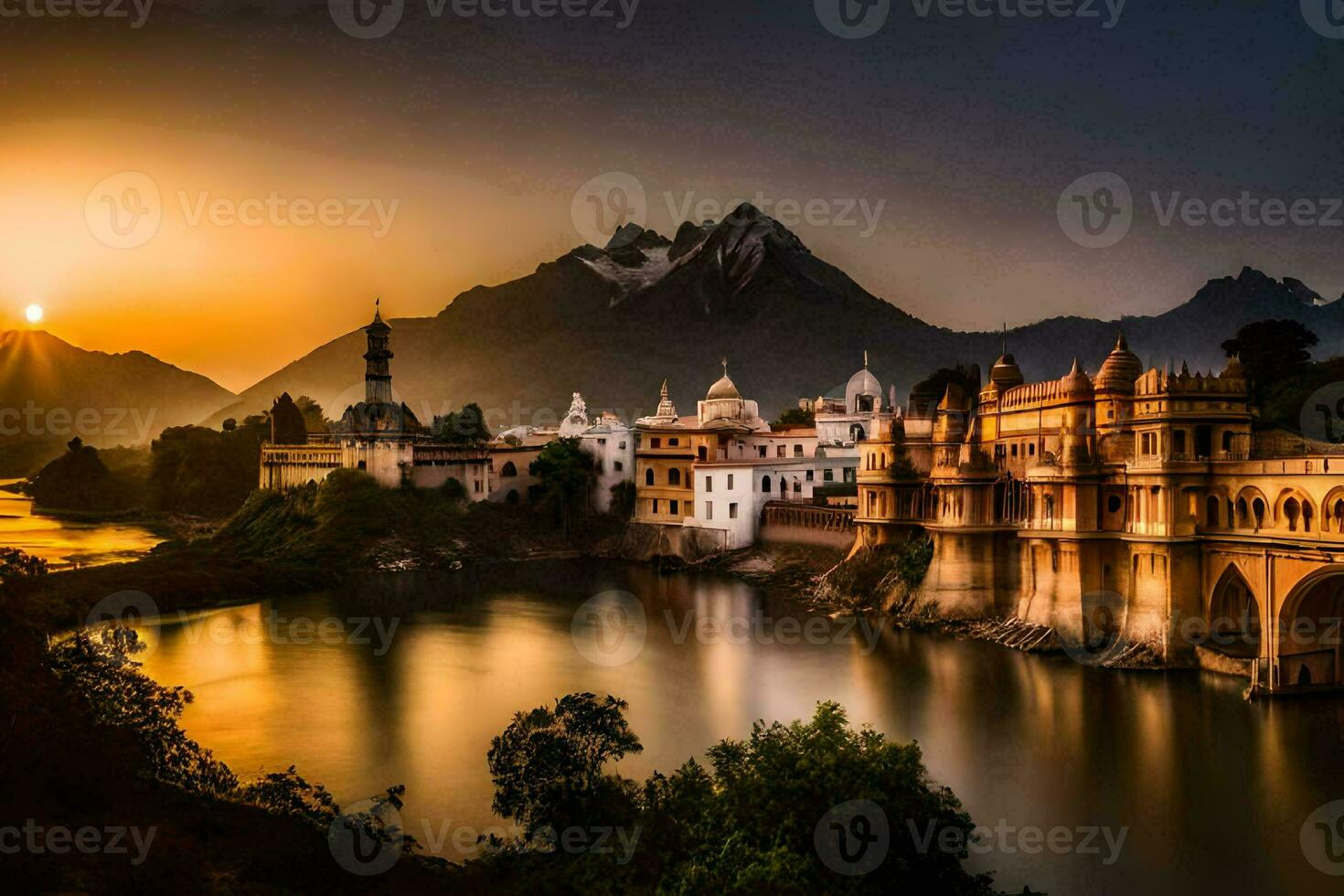 the sun sets over the city of udaipur in india. AI-Generated photo