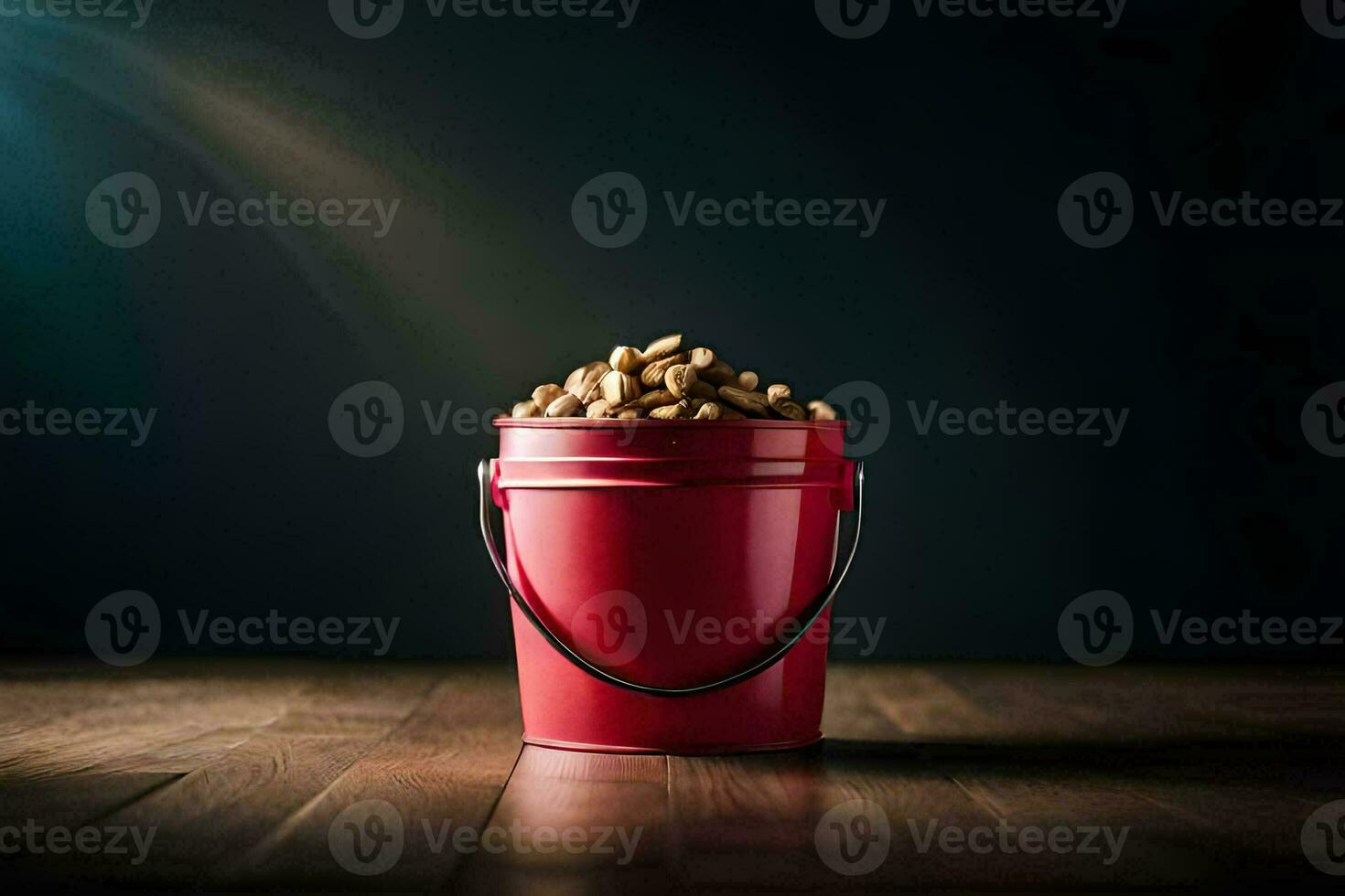 a red bucket filled with peanuts on a wooden table. AI-Generated photo