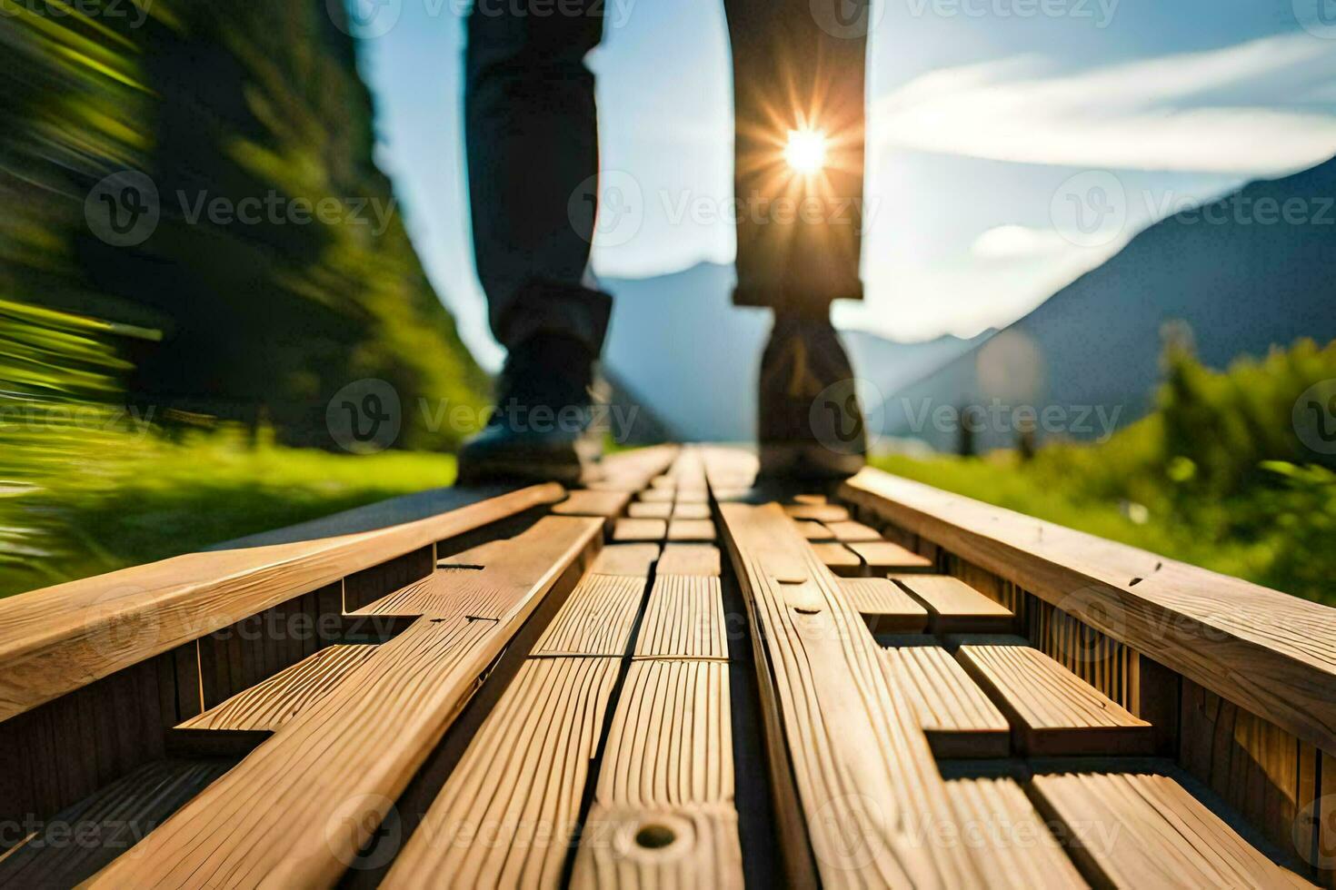 a person walking on a wooden walkway in the sun. AI-Generated photo