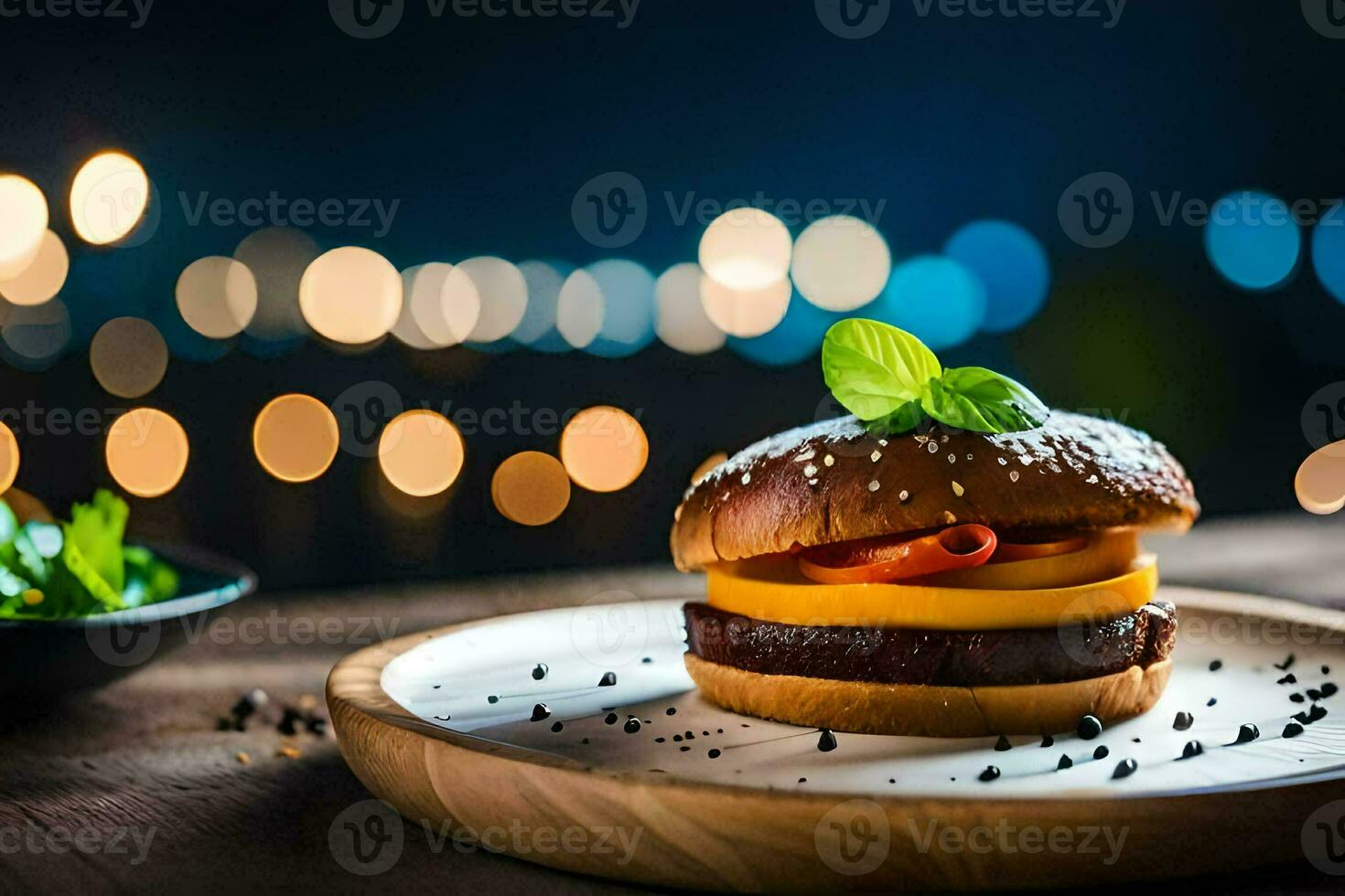 a hamburger on a plate with a bowl of salad. AI-Generated photo