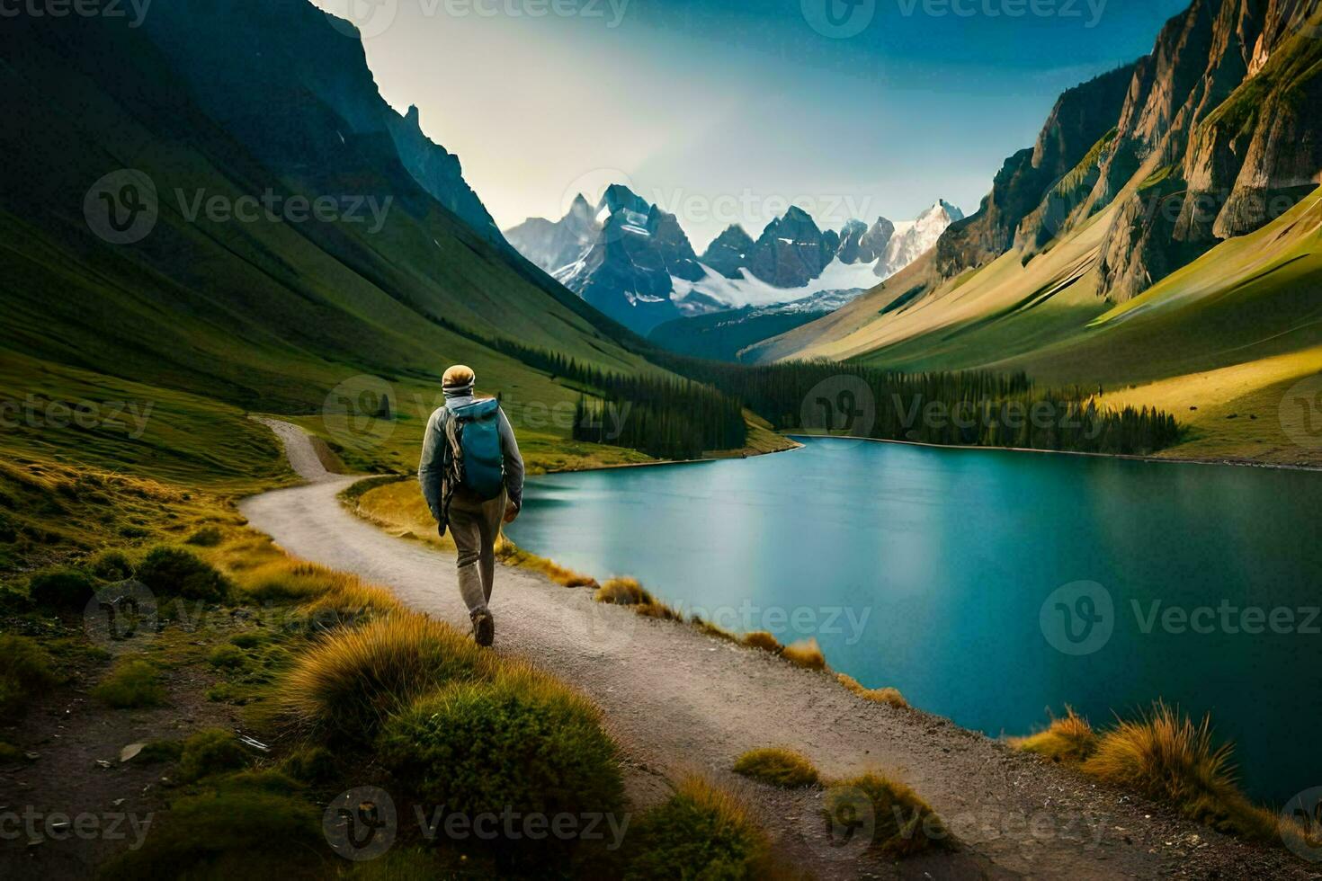 a man walks along a path near a lake. AI-Generated photo