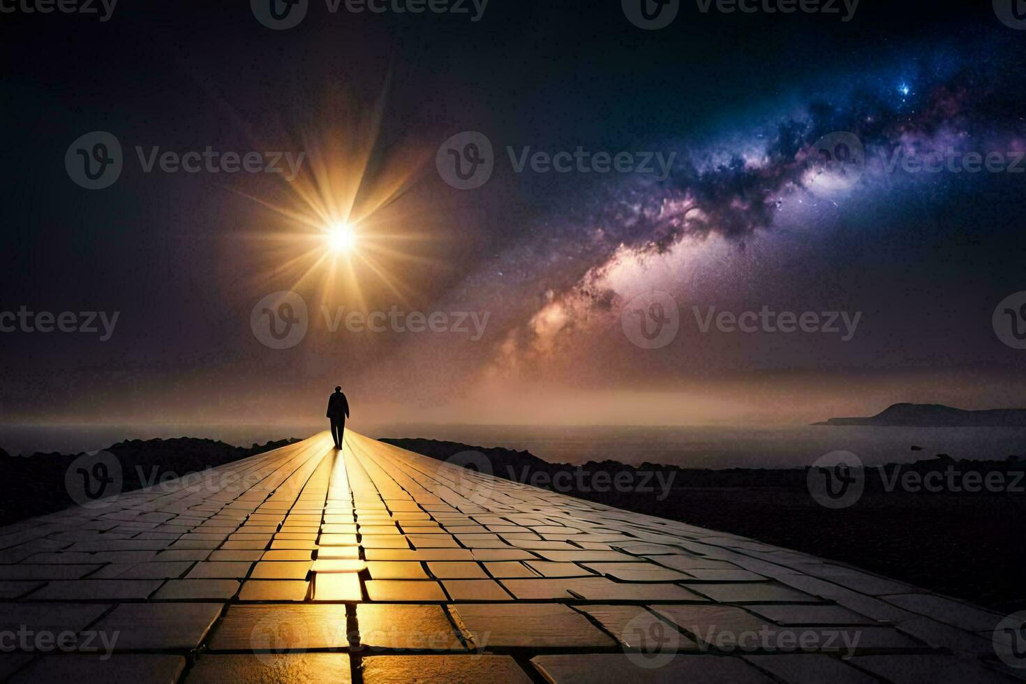 a man standing on a walkway in front of a starry sky. AI-Generated photo