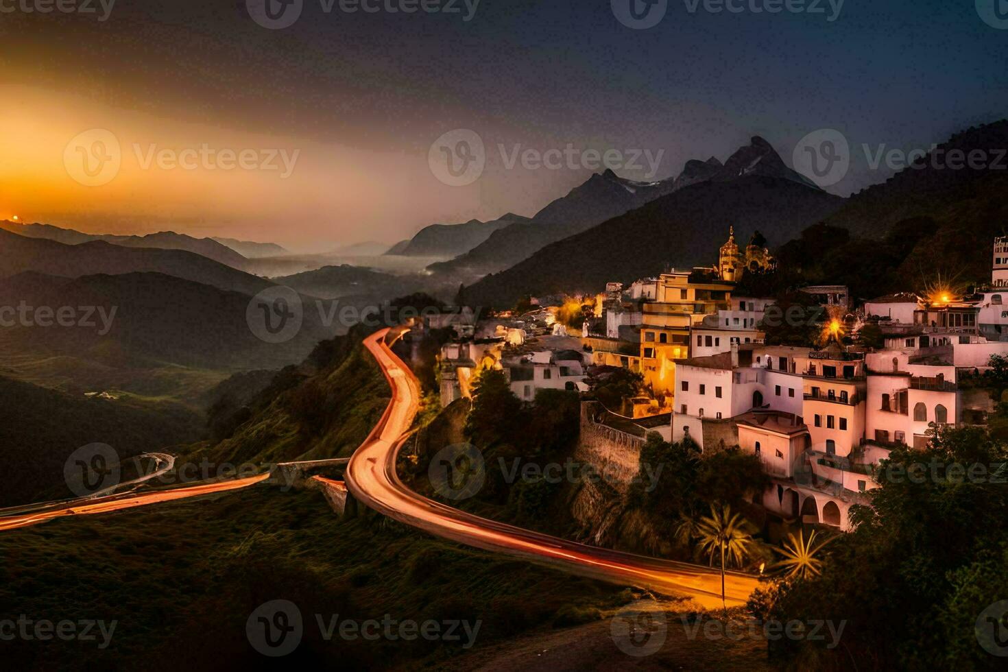 a village at sunset with a winding road. AI-Generated photo