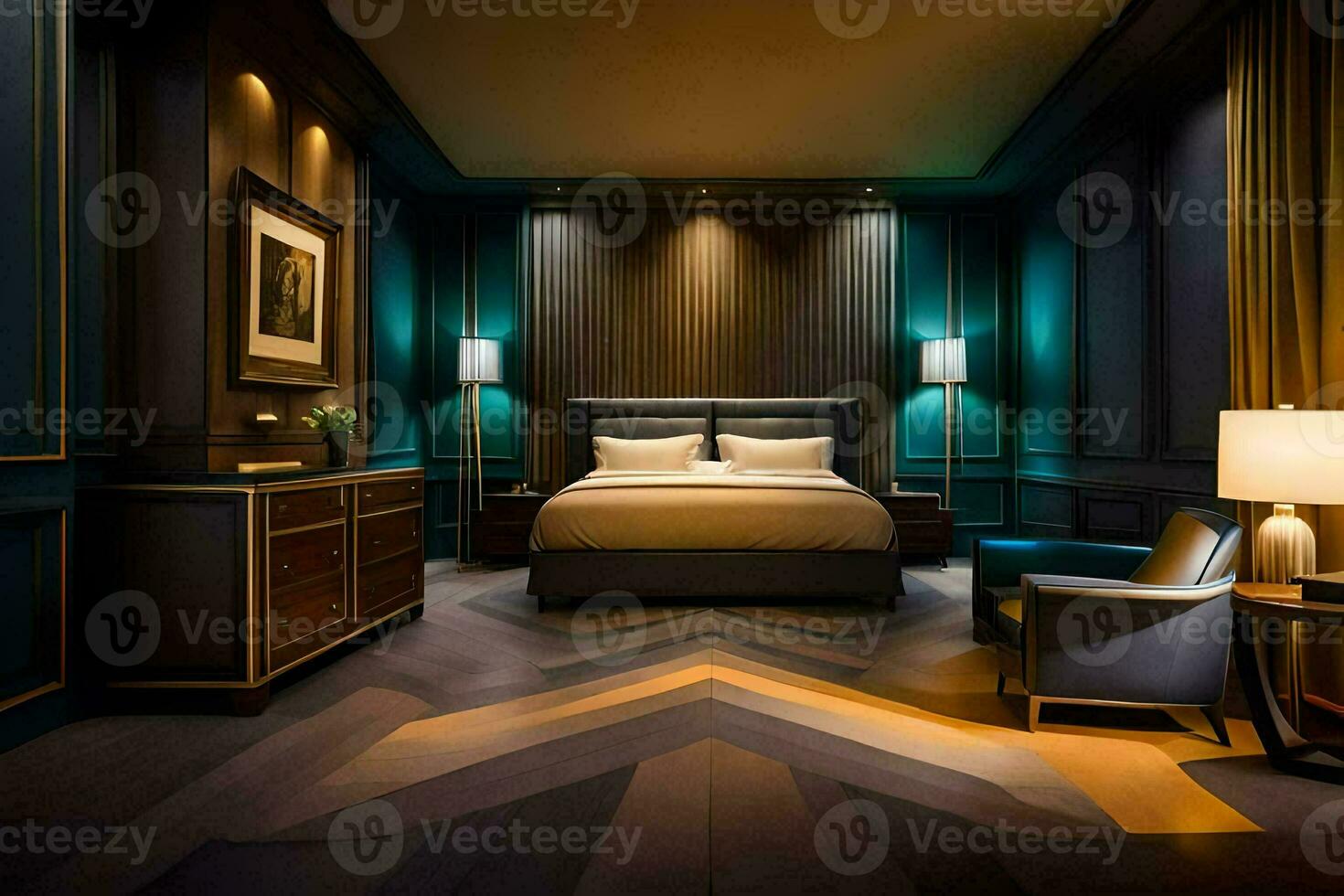 un dormitorio con oscuro madera paredes y un cama. generado por ai foto