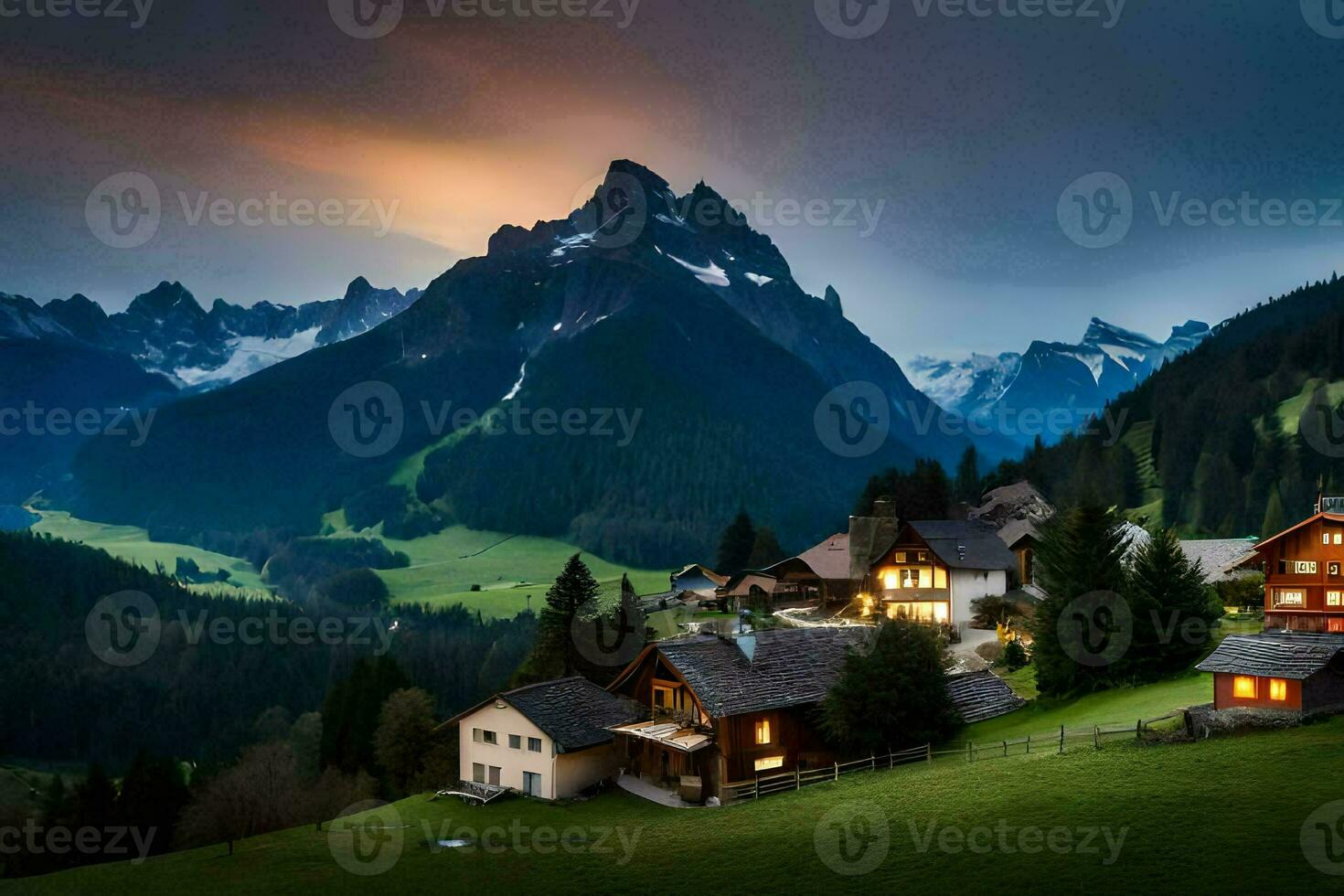 photo wallpaper mountains, the sky, the sun, the mountains, the village, the house,. AI-Generated