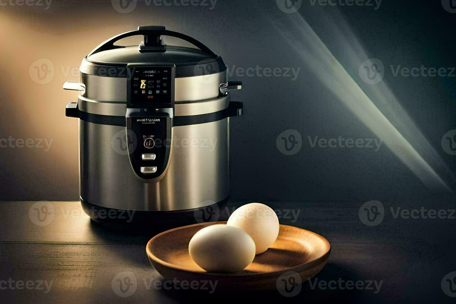 a large pressure cooker with two eggs on a wooden plate. AI-Generated photo