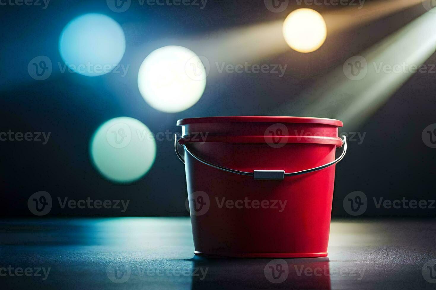 a red bucket on a table in front of a spotlight. AI-Generated photo