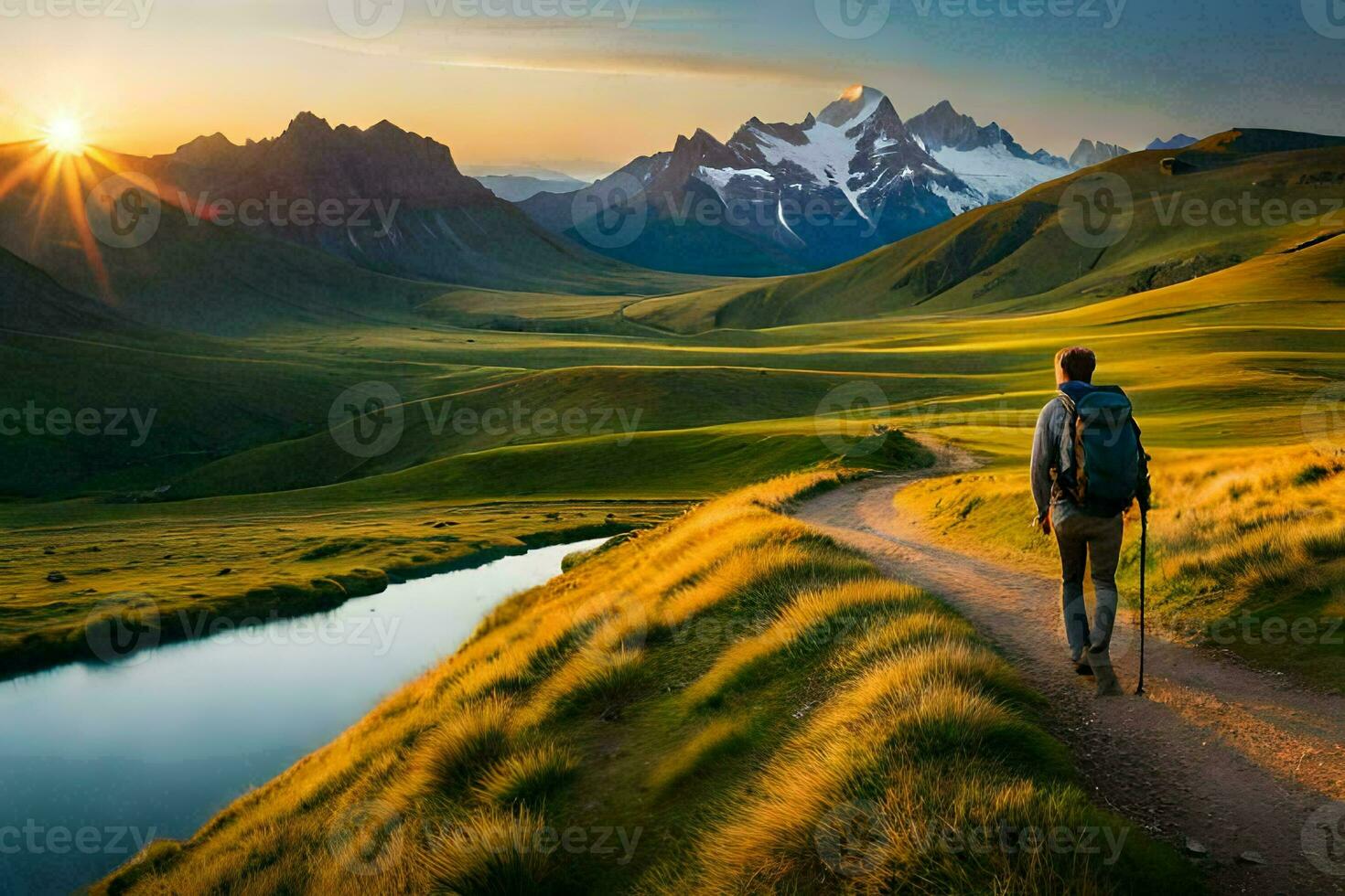 a man walks on a path in the mountains. AI-Generated photo