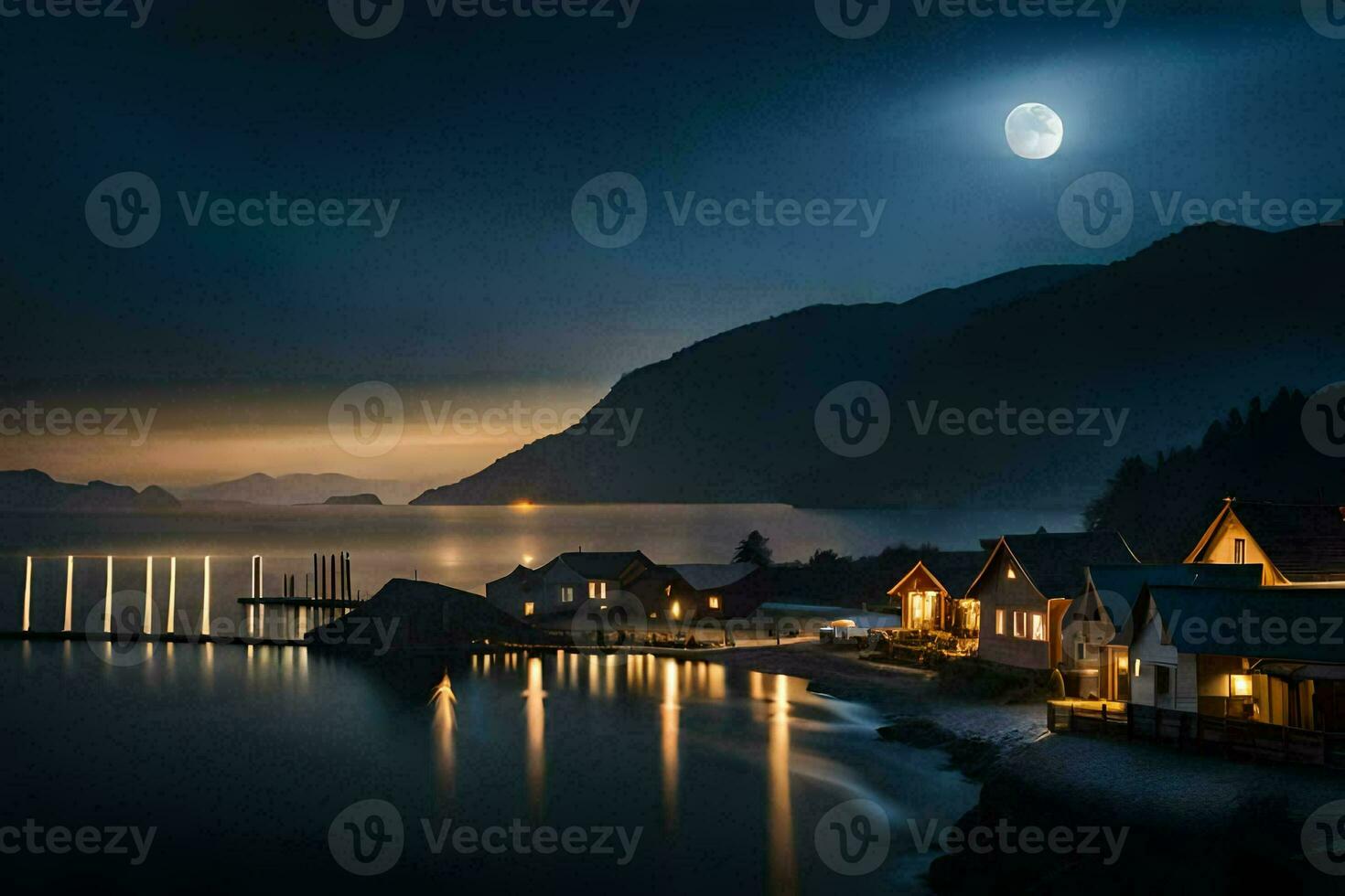 a moonlit night scene with houses on the shore. AI-Generated photo