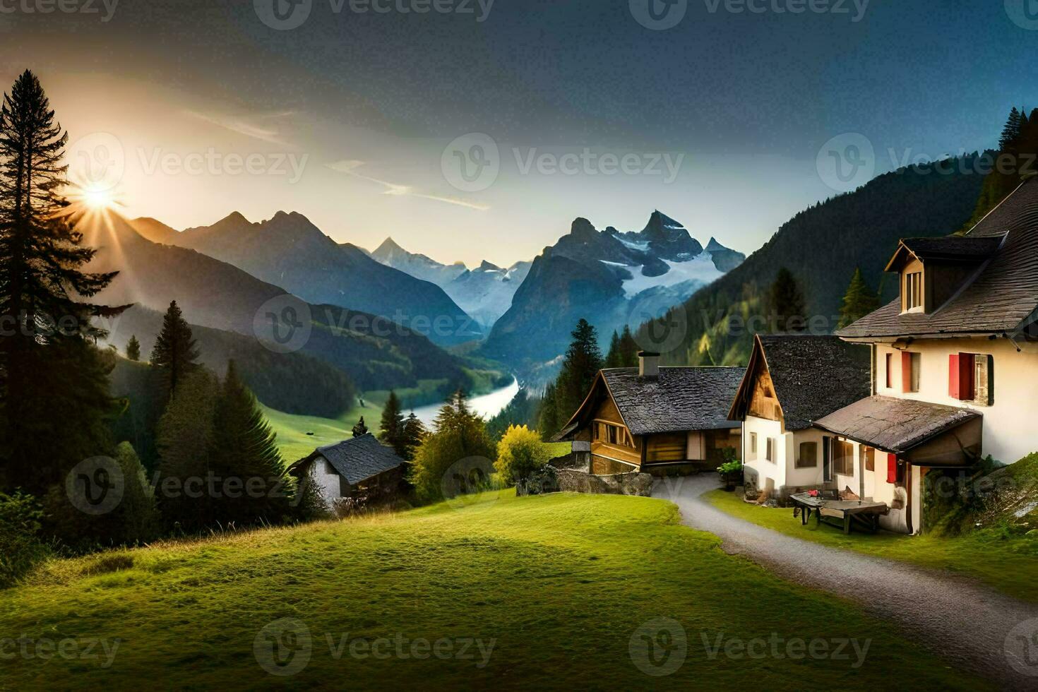 the sun rises over the mountains in the background. AI-Generated photo