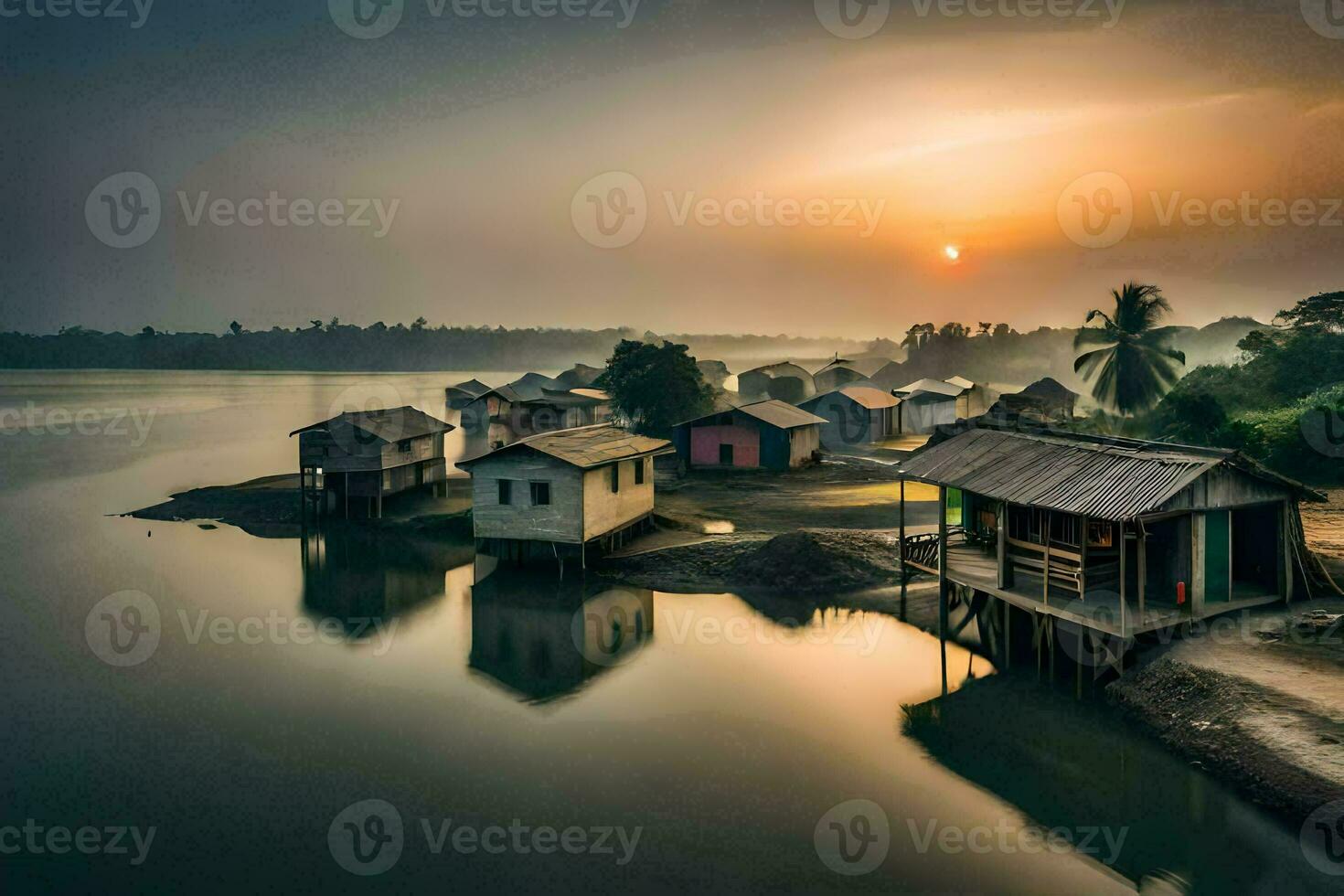 a small village sits on the shore of a lake at sunset. AI-Generated photo
