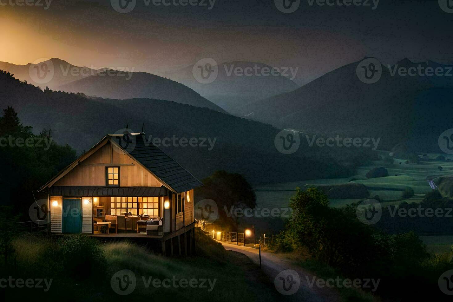 photo wallpaper the sky, mountains, house, light, the road, the house, the road. AI-Generated