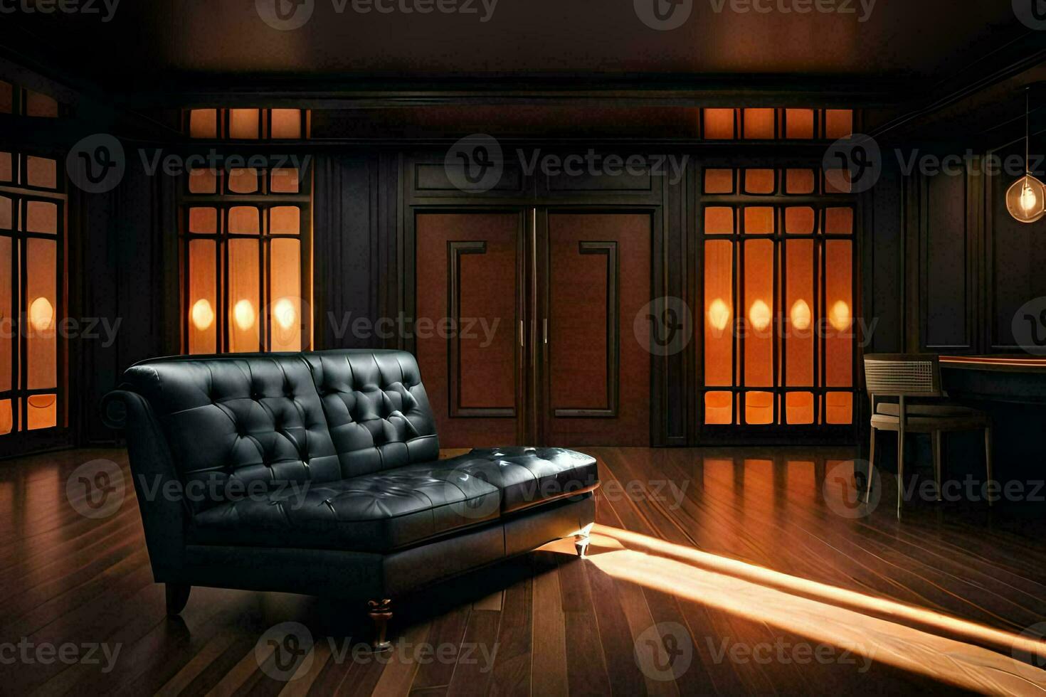 a black leather couch in a room with wood floors. AI-Generated photo