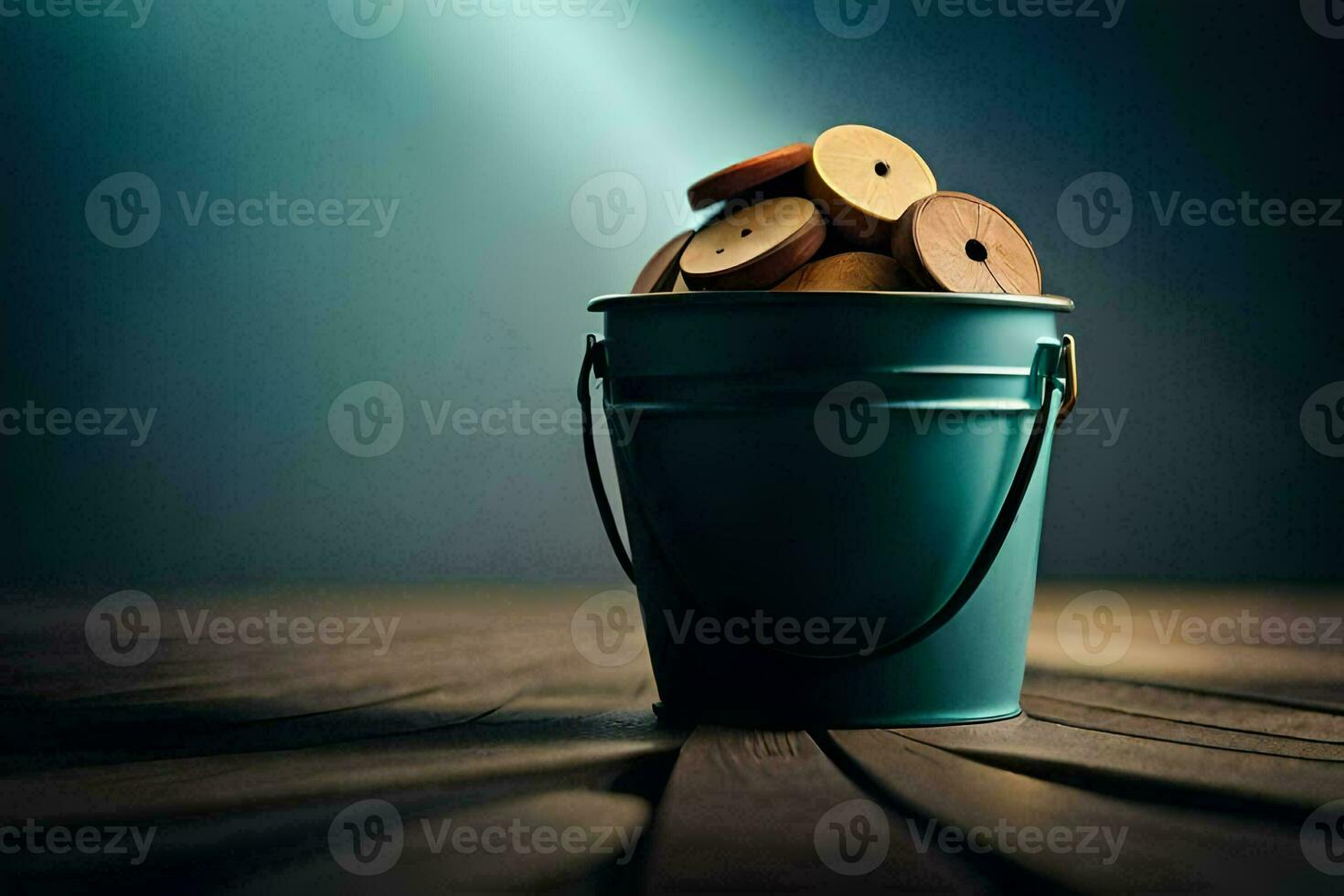 a bucket filled with wooden dowels on a wooden table. AI-Generated photo